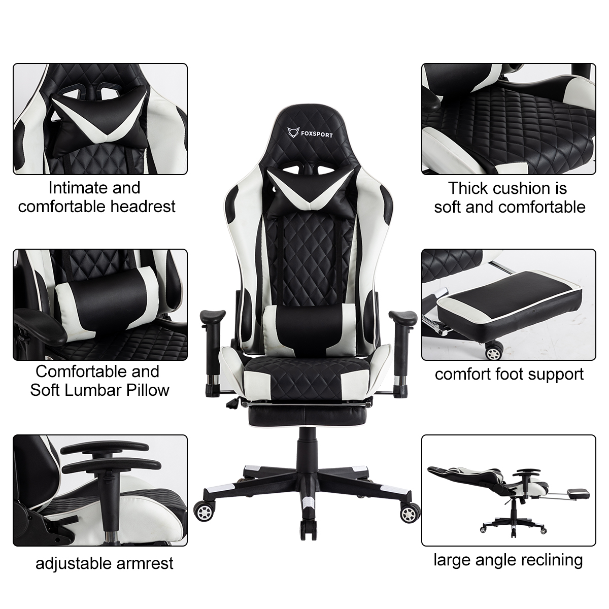 Gaming-Stuhl mit schwarz-weißem Design, Detailansichten der Kopfstütze, Kissen und Armlehnen.