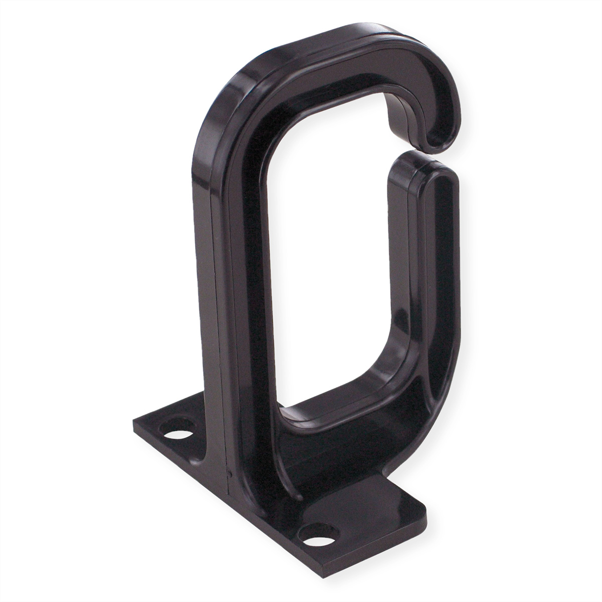 Gancio a forma di U in plastica nera con base, per appendere oggetti.