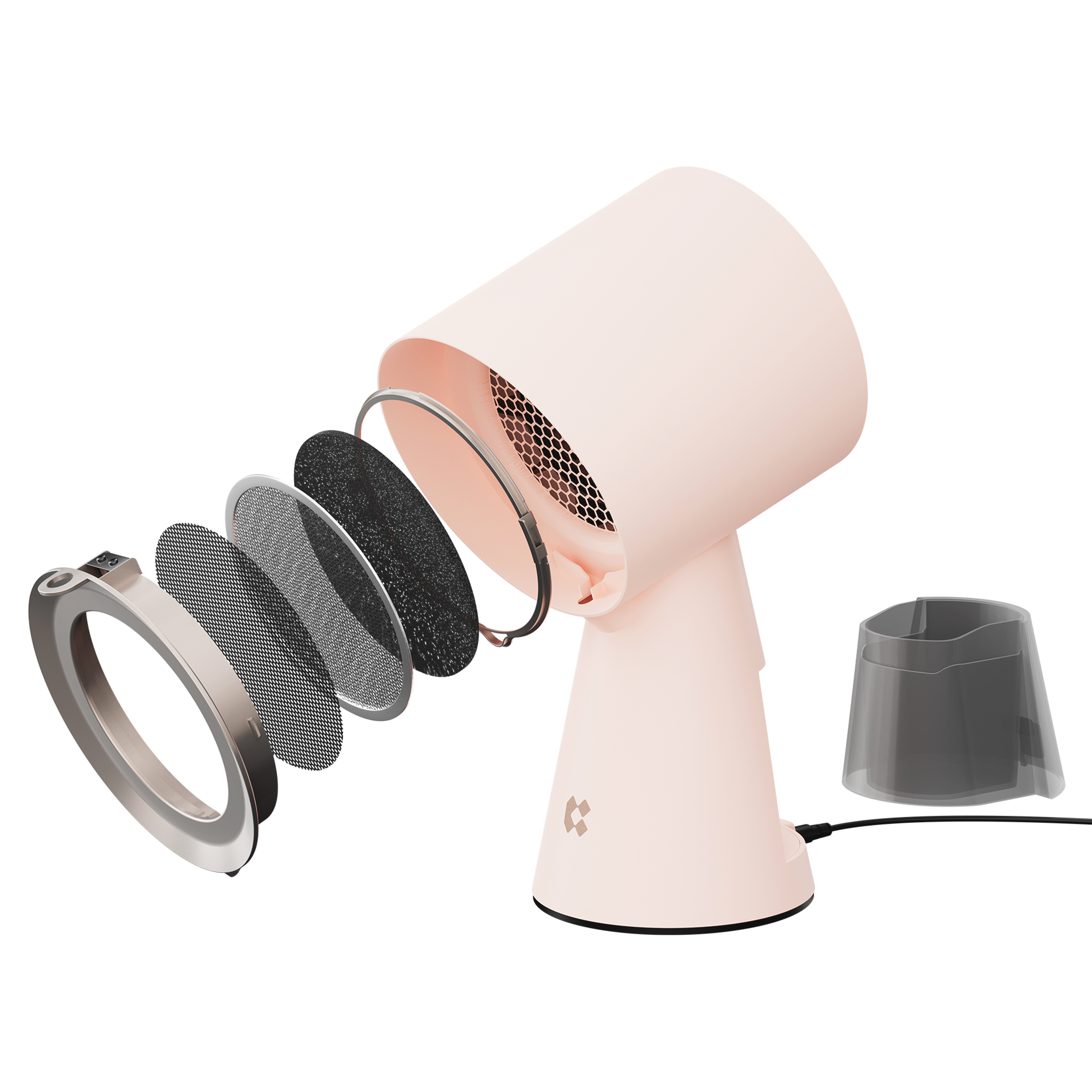 Ein zerlegter rosa Ventilator mit seinen Innenfiltern, einem Ring und einem grauen Becher.
