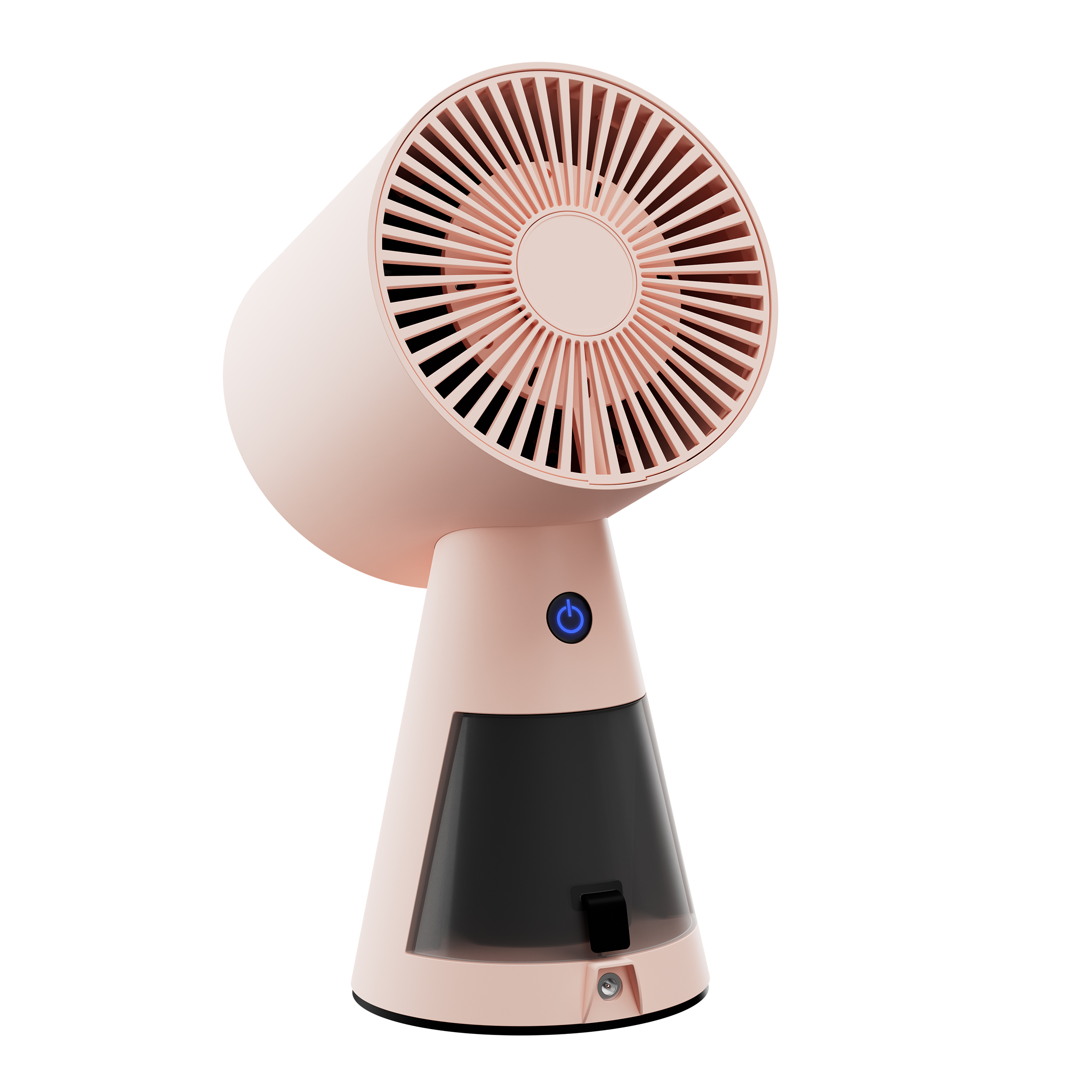 Ein rosa Ventilator. Er hat einen zylindrischen Körper und einen runden Ventilatorkopf. Schwarze Basis.