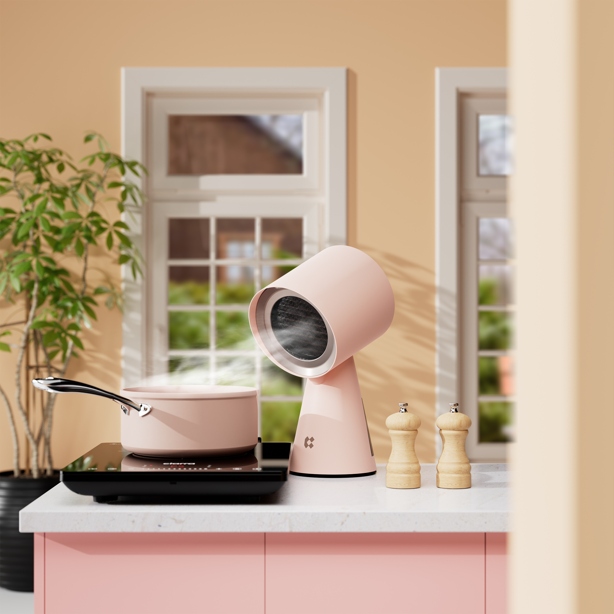 Rosa Küchenszene mit Kochtopf, Ventilator und Salzstreuern.