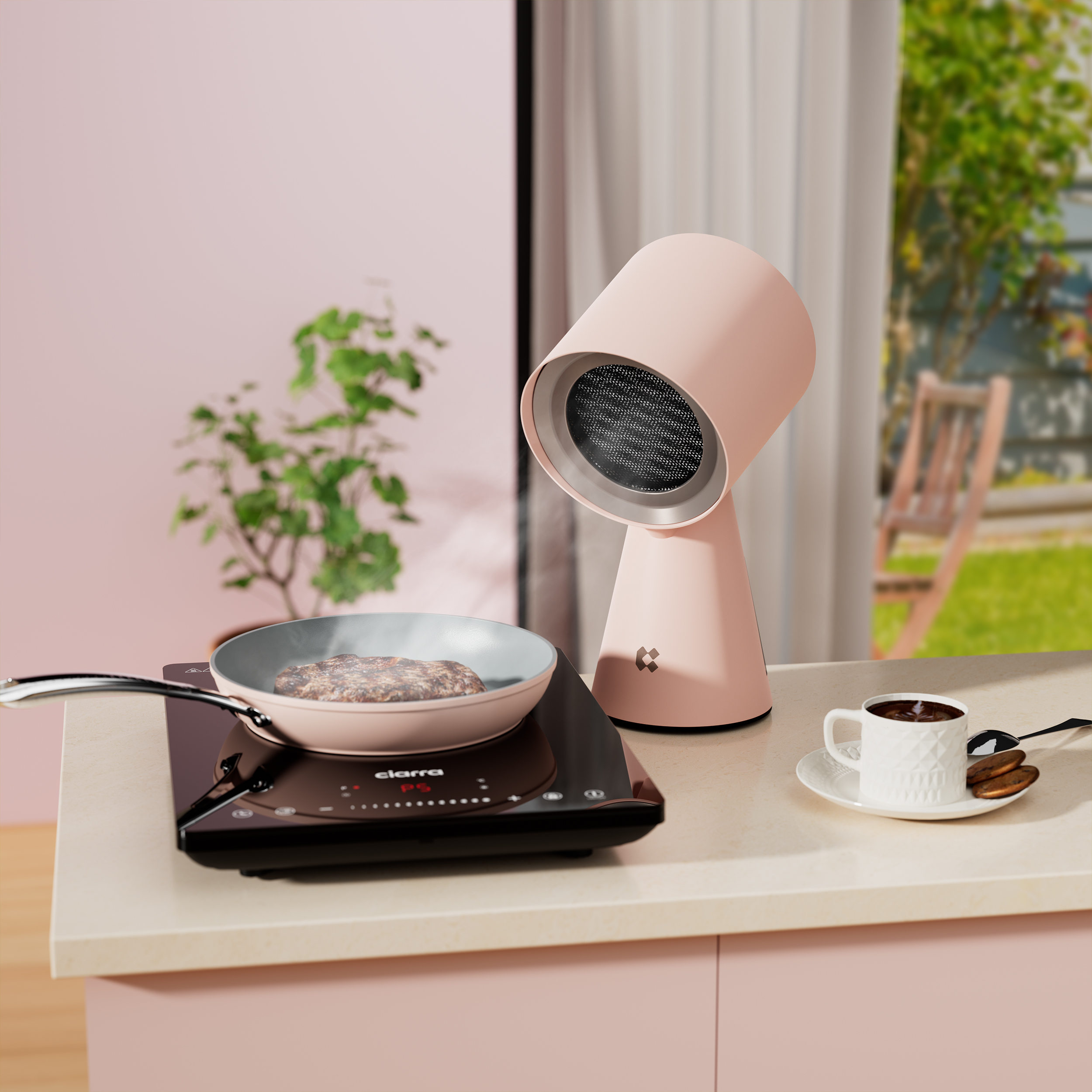 Eine Küchenszene mit einem rosa Heizgerät, einer Pfanne mit Essen und einer Tasse Kaffee. Rosa Hintergrund.