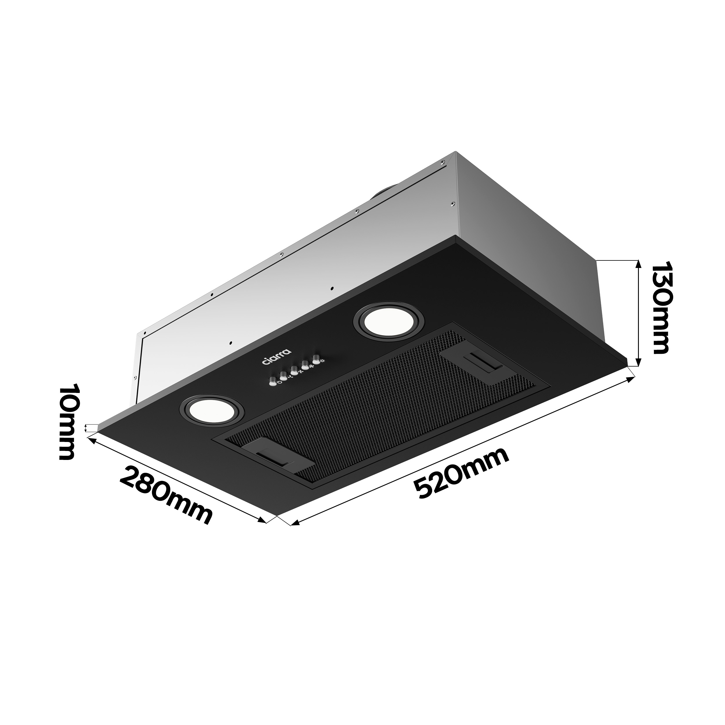 Campana extractora negra y plateada con dimensiones etiquetadas. Con luces, ventilación y marca.