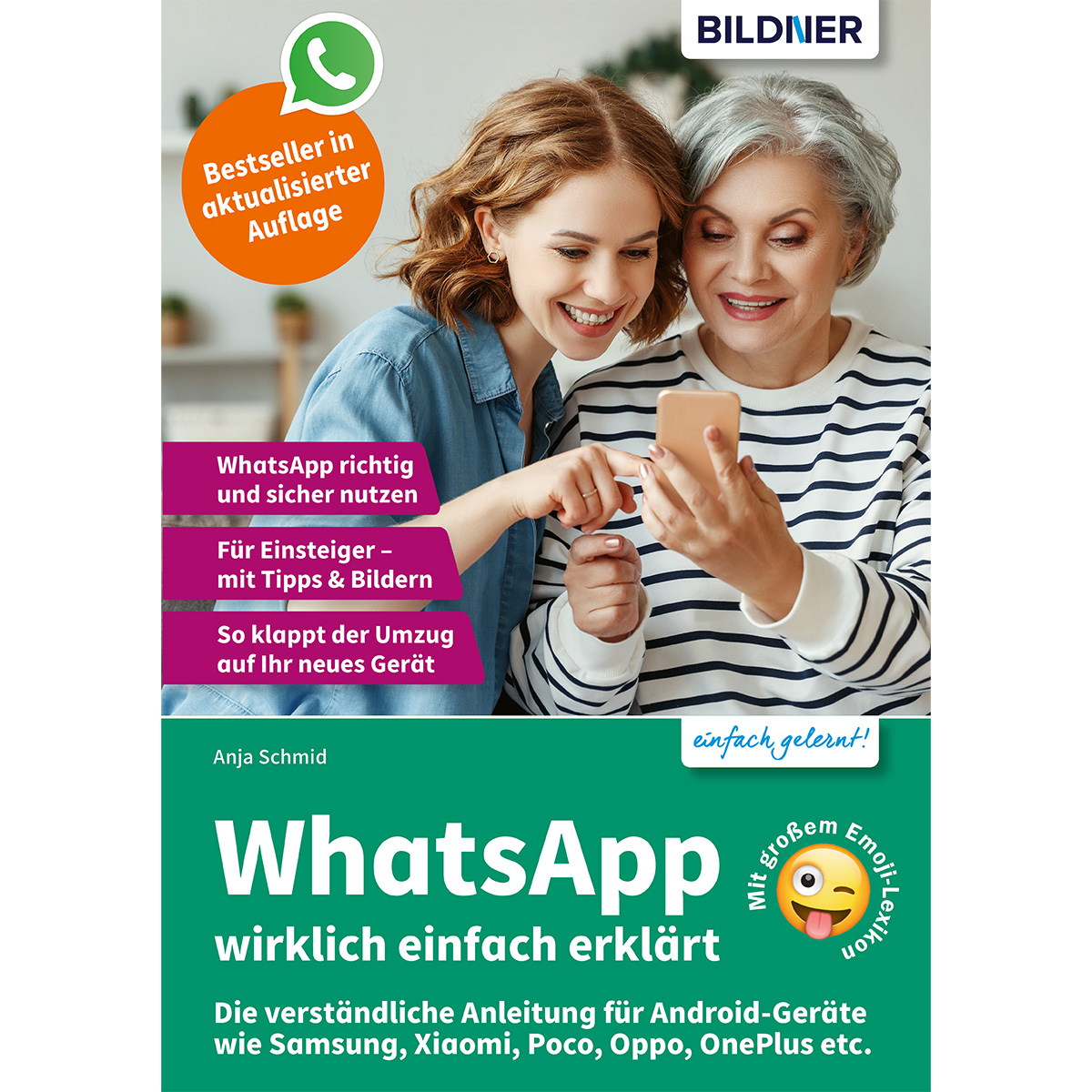 Buchcover mit zwei Frauen, die auf ein Telefon schauen, mit dem Titel "WhatsApp".