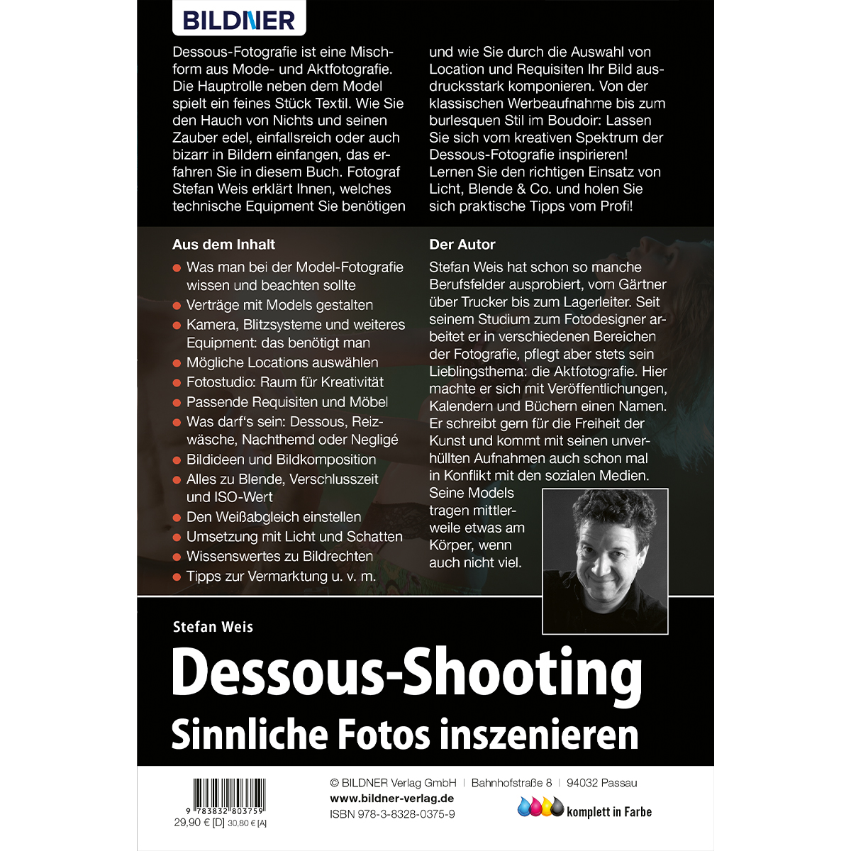 Deutsches Buchcover, 'Dessous-Shooting', mit Text und Autorenfoto.