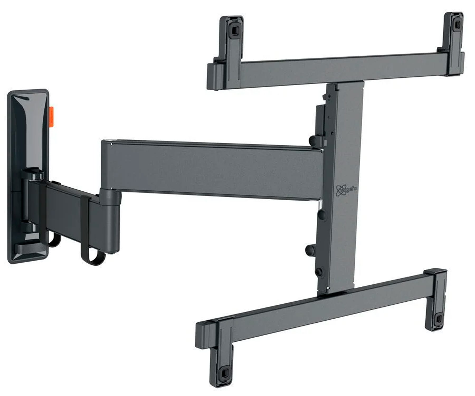 Ciemnoszary uchwyt ścienny do TV, regulowane ramiona i wiele punktów obrotu, na białym tle.