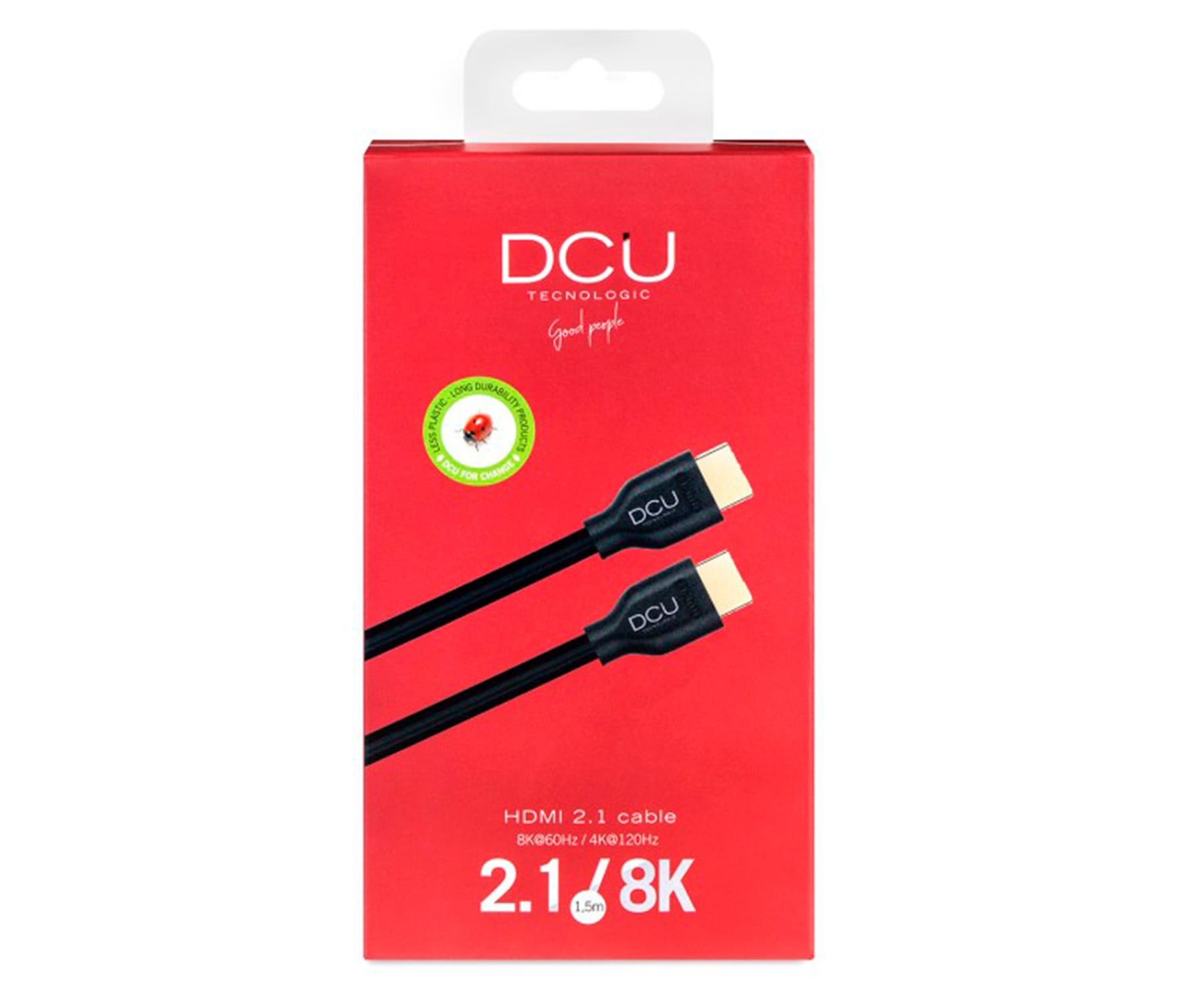 Caja de cable HDMI roja con cables negros, etiquetada 'DCU TECNOLOGIC' y 'cable HDMI 2.1'.