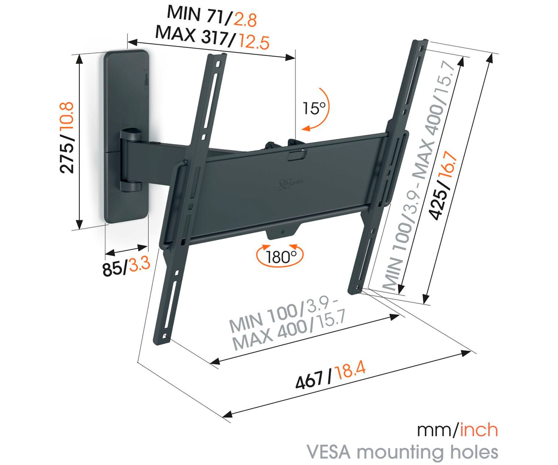 Czarny uchwyt ścienny do TV z wymiarami i pomiarami kątowymi. Na białej powierzchni.