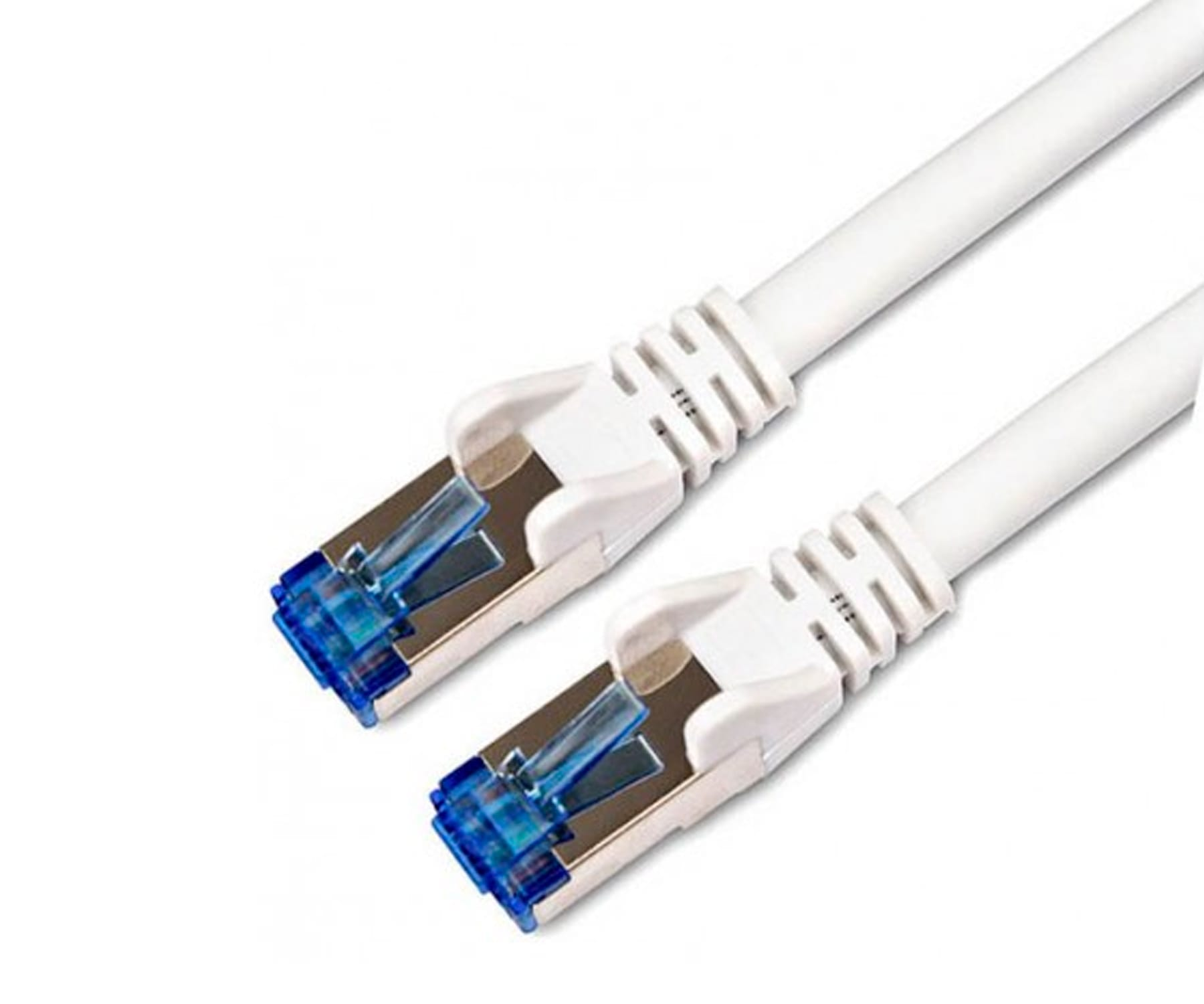 Biały kabel Ethernet z niebieskimi złączami. Kabel jest czysty i ma nowoczesny design.