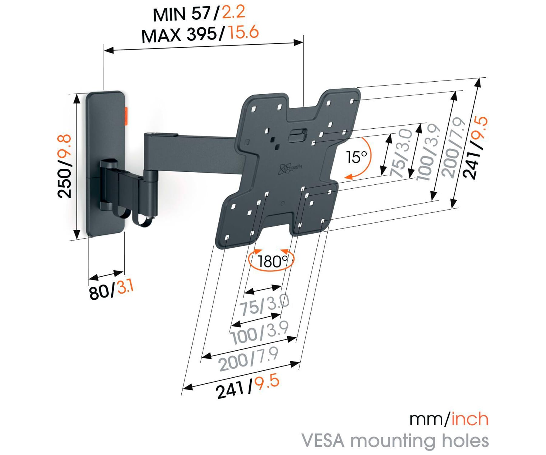 Soporte de pared para TV con dimensiones en mm y pulgadas. Combinación de colores negro y gris.