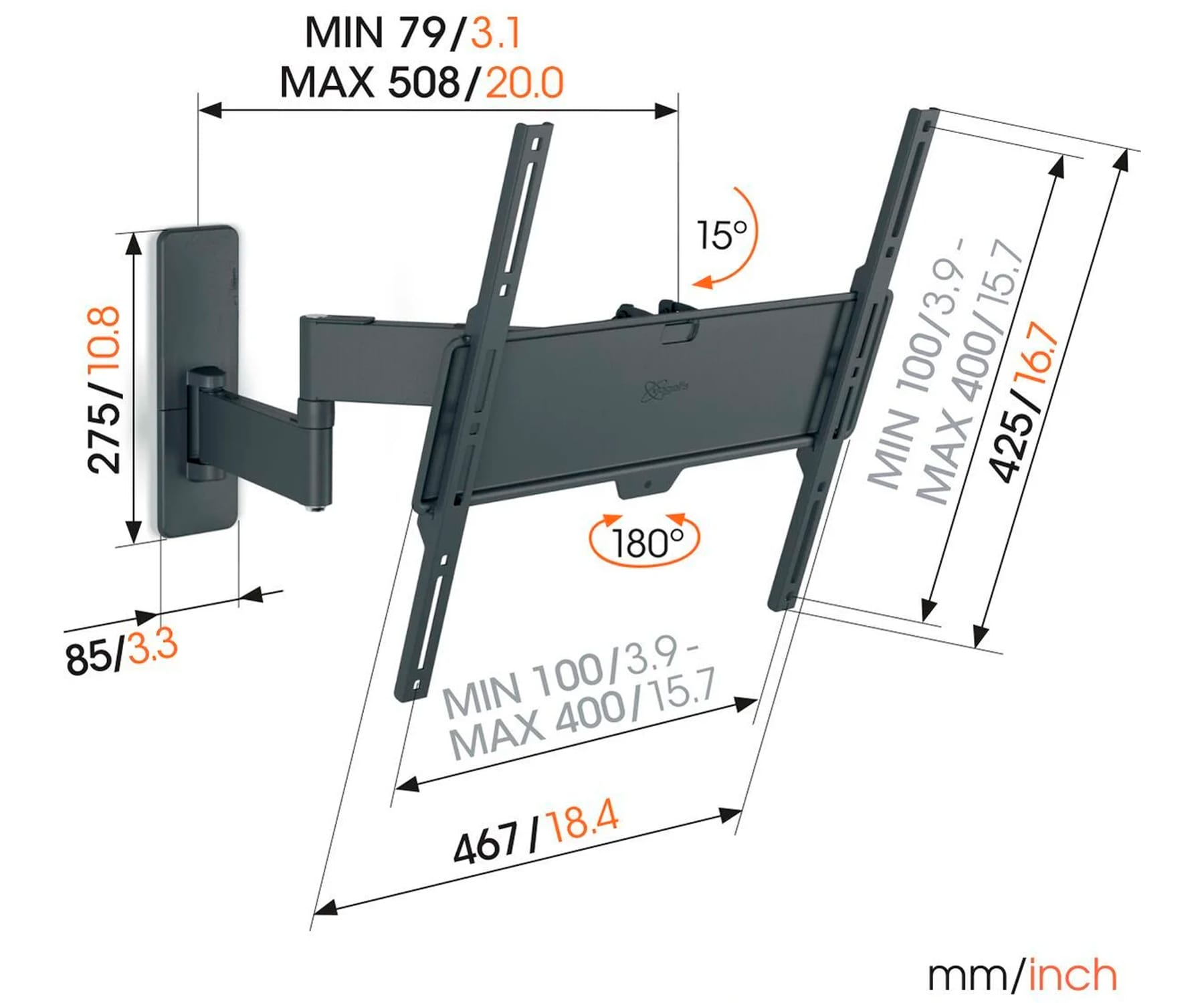 TV-Wandhalterung mit Abmessungen und Winkeln. Montagematerial sichtbar.