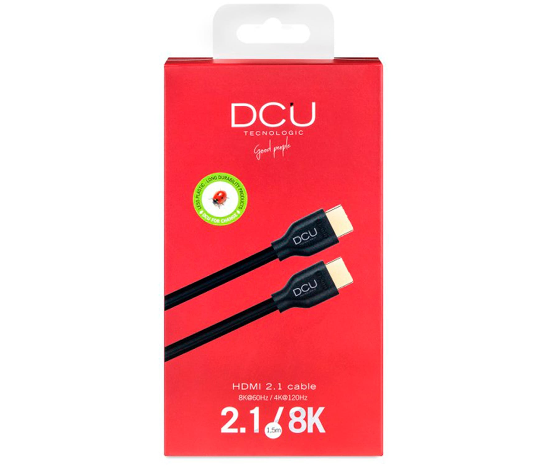 Caja roja con cables negros. El texto en la caja dice cable HDMI 2.1. Los cables son negros.