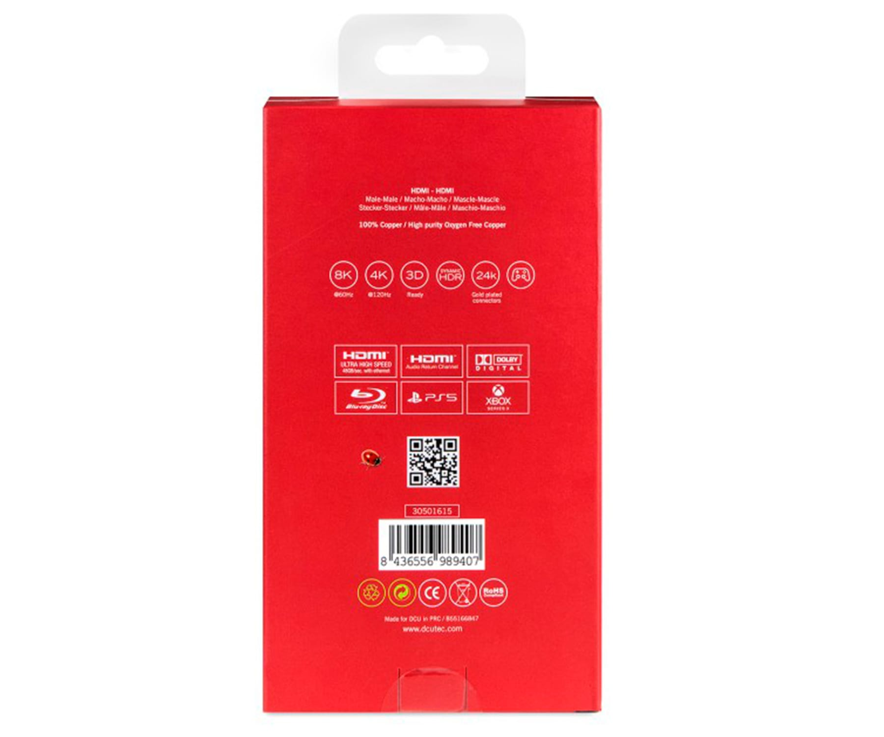Una caja roja con texto blanco e iconos en la parte delantera.