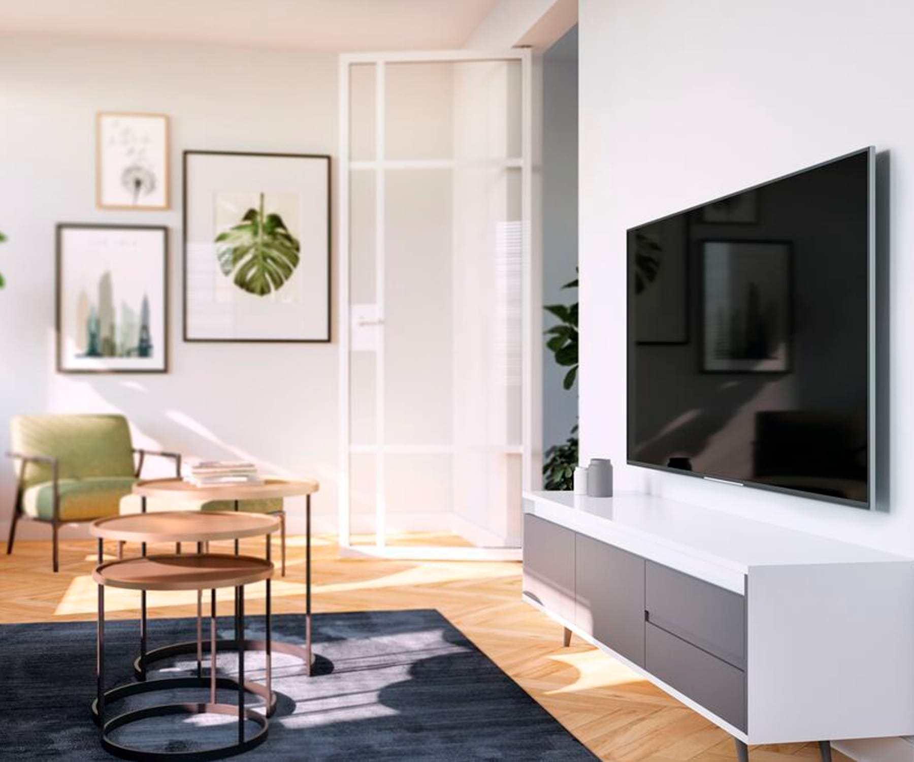 Salón con televisor, cuadros y muebles. Suelo de madera, alfombra azul, paredes blancas.