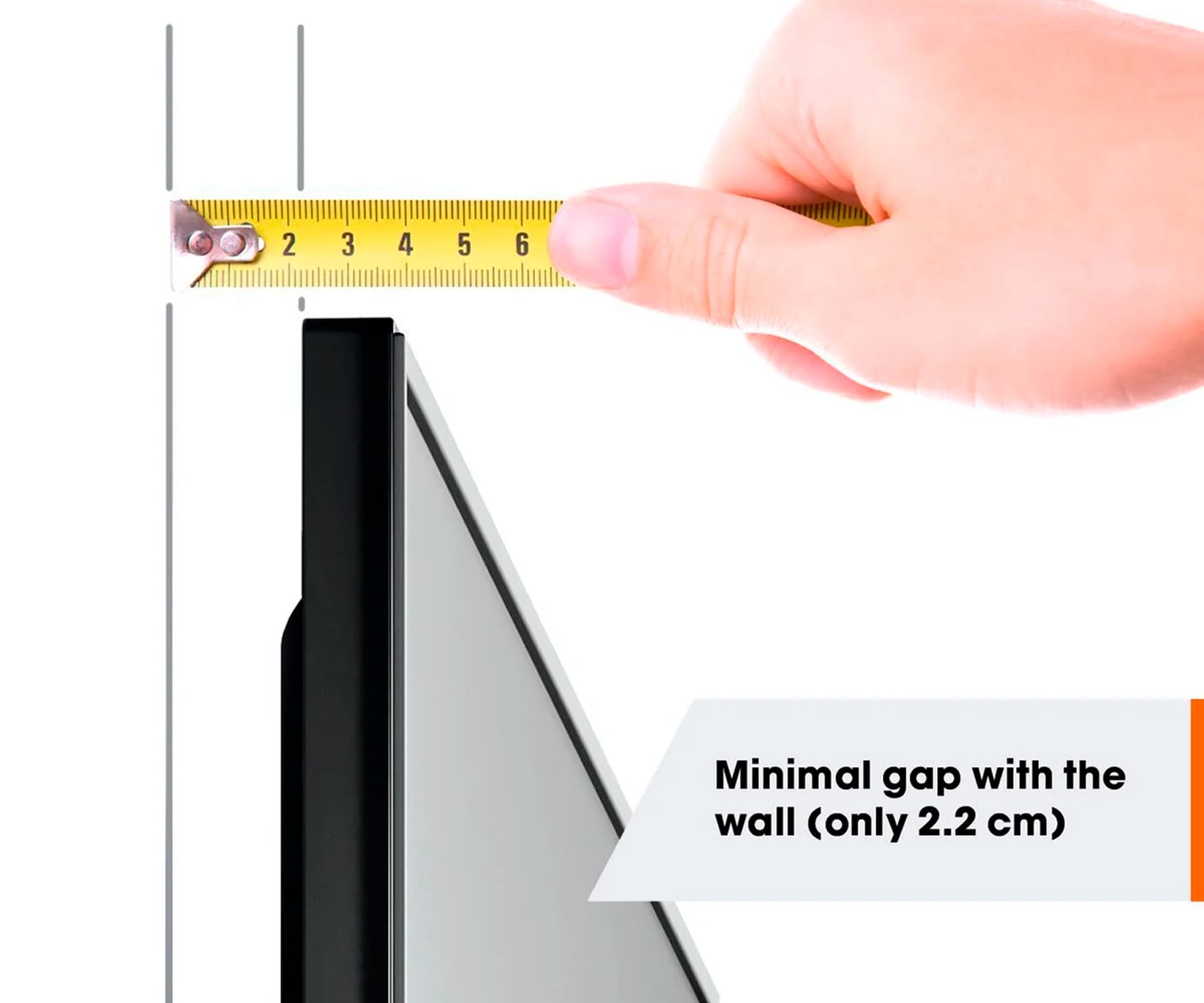 Een hand die de minimale afstand tot de muur meet, 2,2 cm weergevend.