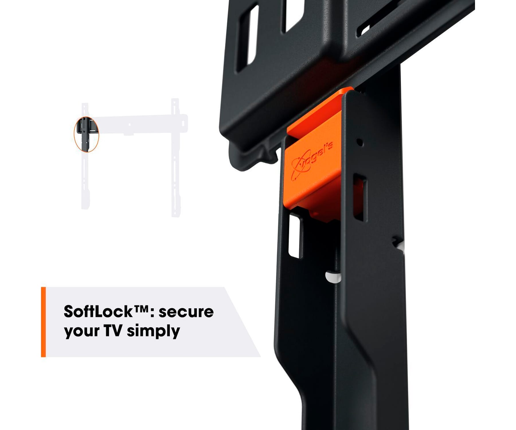 TV-bevestiging met SoftLock-functie, zwart frame, oranje slot en witte tekst.