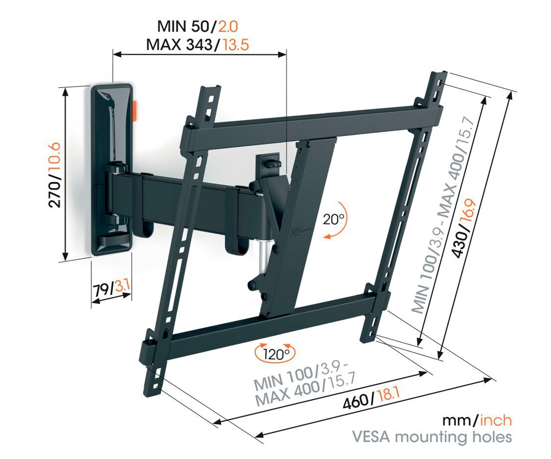 Soporte de montaje de TV negro con varias medidas y ángulos, incluidos los orificios de montaje VESA.