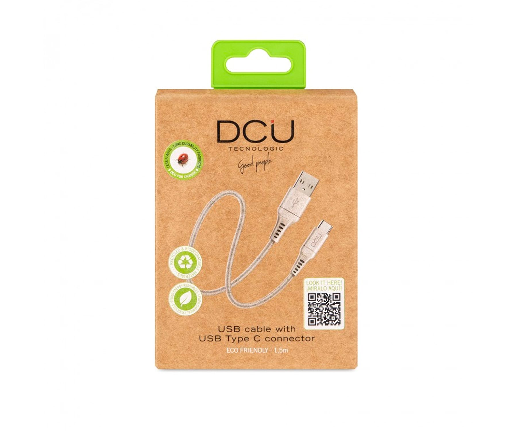 Un cable USB a USB-C en un paquete de cartón marrón. El paquete muestra el cable y el texto.