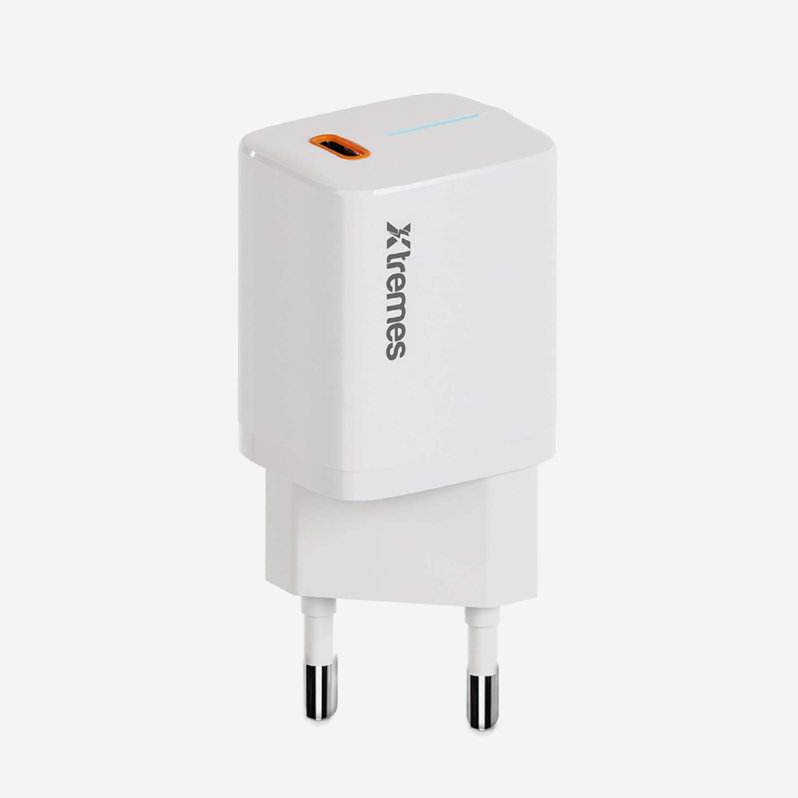 Weißes Ladegerät mit orangefarbenen Details und blauem Licht oben.