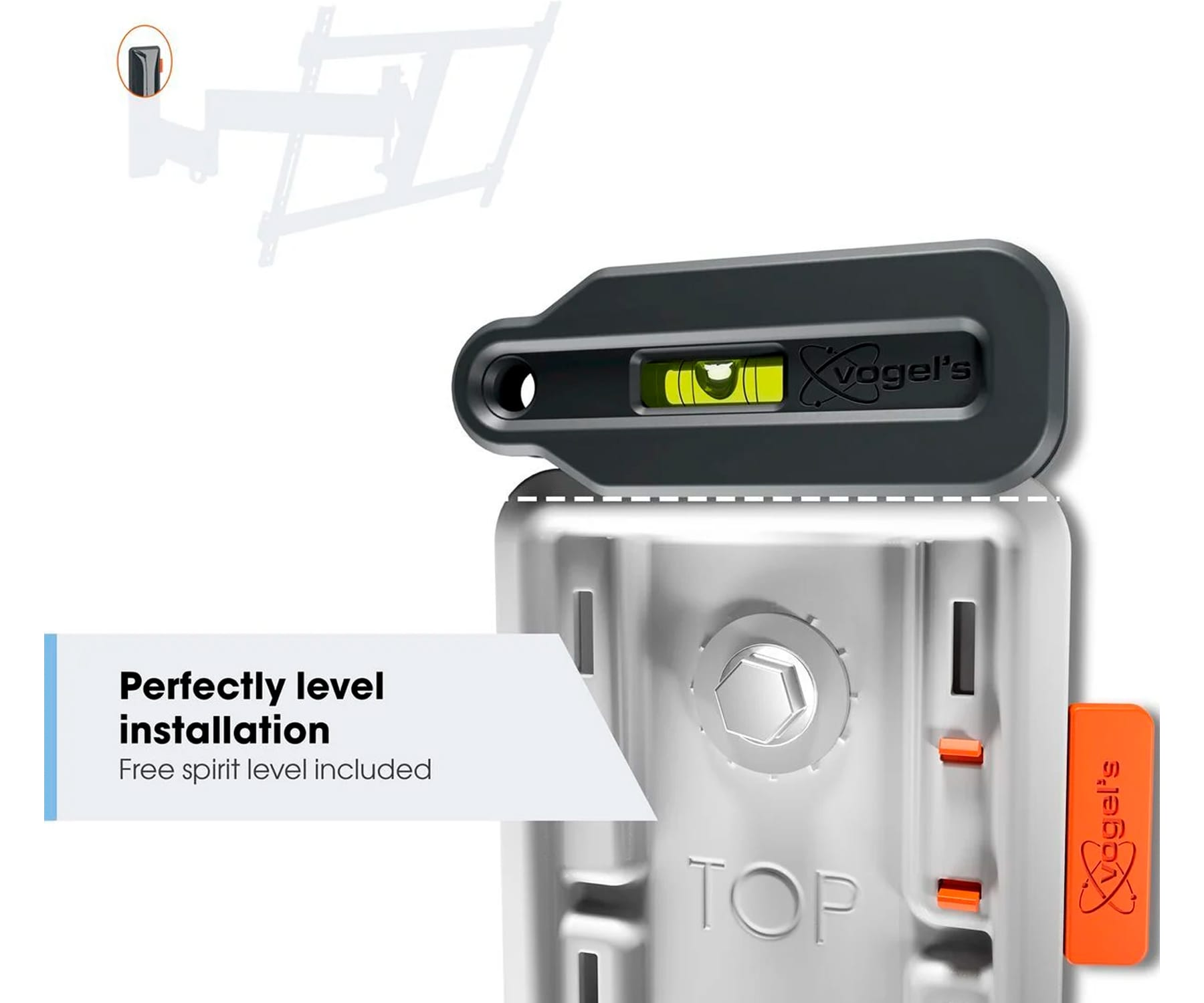 Poziomica znajduje się na górze uchwytu. Tekst brzmi: "Idealnie poziom instalacji".