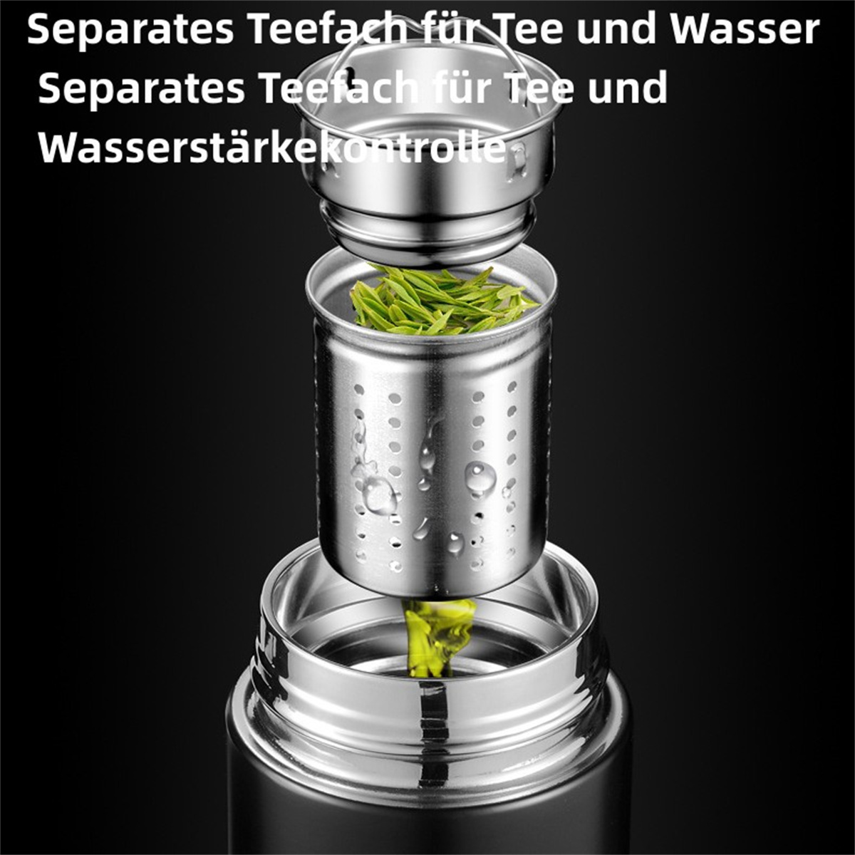 Edelstahl-Tee-Infuser, zerlegt. Besteht aus 3 Teilen: Deckel, perforierter Innenbehälter und Basis.