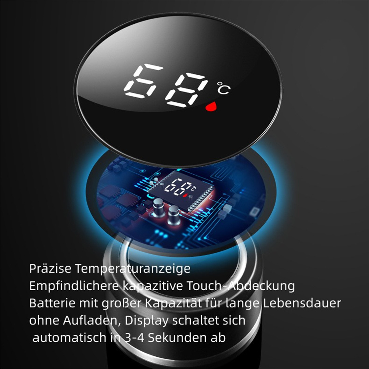 Eine schwarze Digitalanzeige auf einer Flasche mit Temperaturanzeige und weiteren Details.