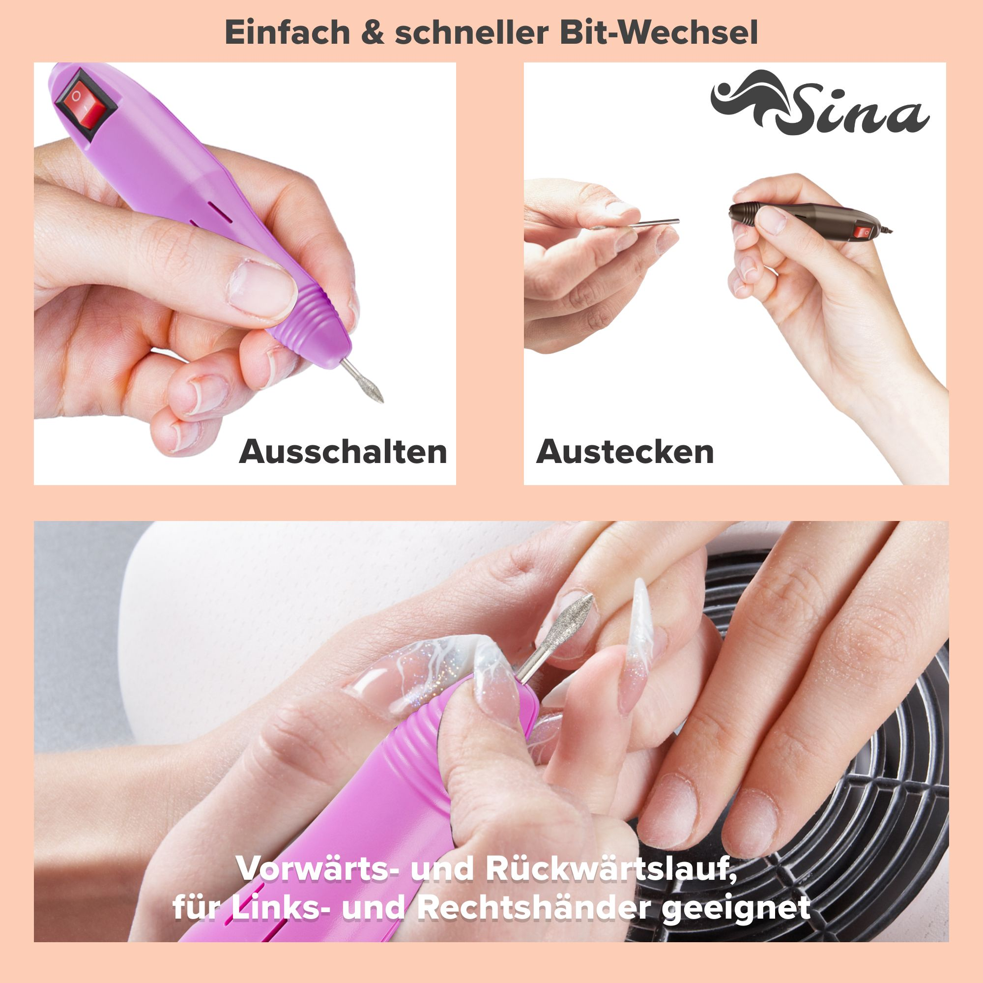 AREBOS Elektrische Nagelfeile 6 Mandrel-Set inkl. 6 pink | Pediküreset Schleifhülsen tlg. | Pink Bit-und Maniküre