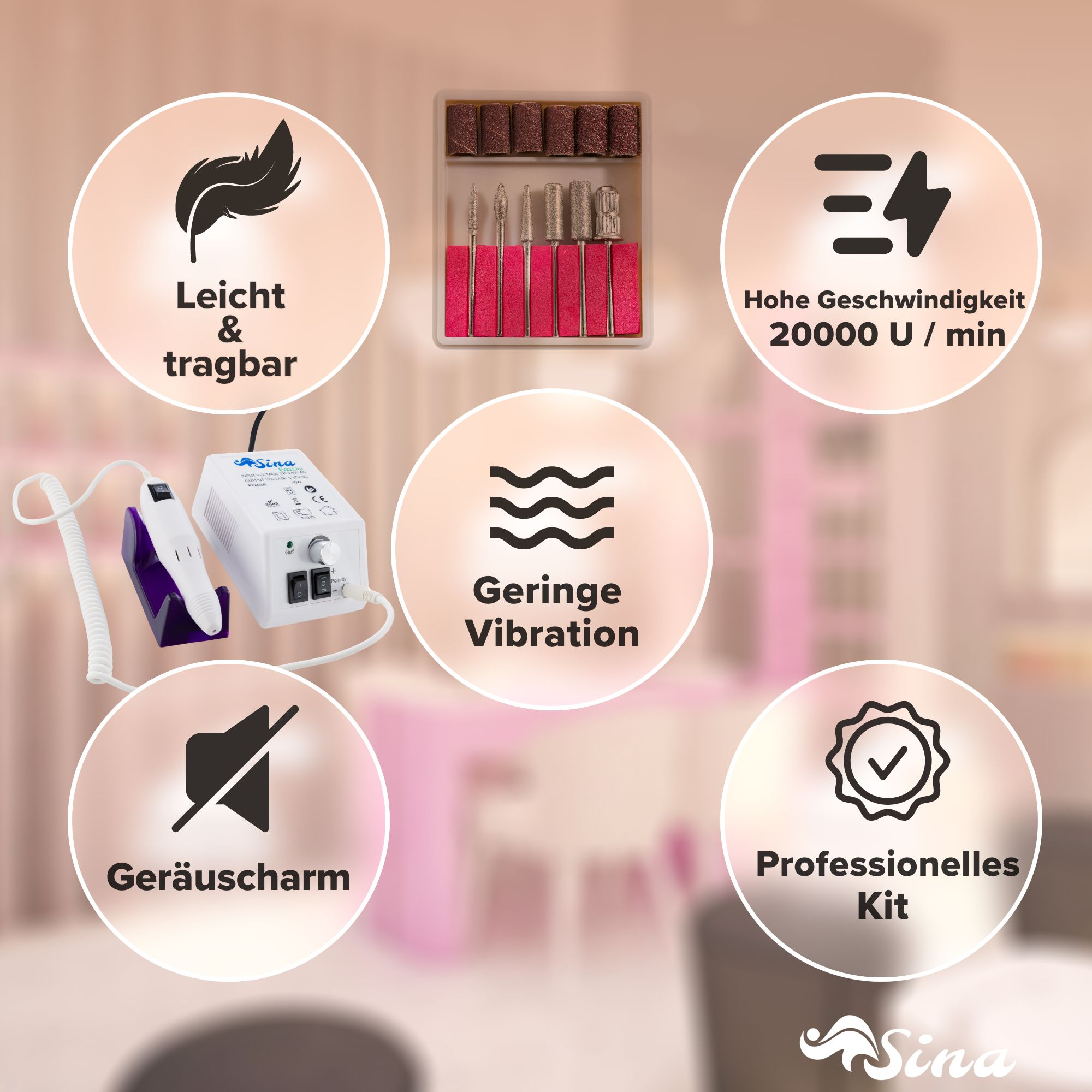 Nagelfräs-Set mit Produktbeschreibung. Enthält: Leicht, geringe Vibration, 20000 U/min.