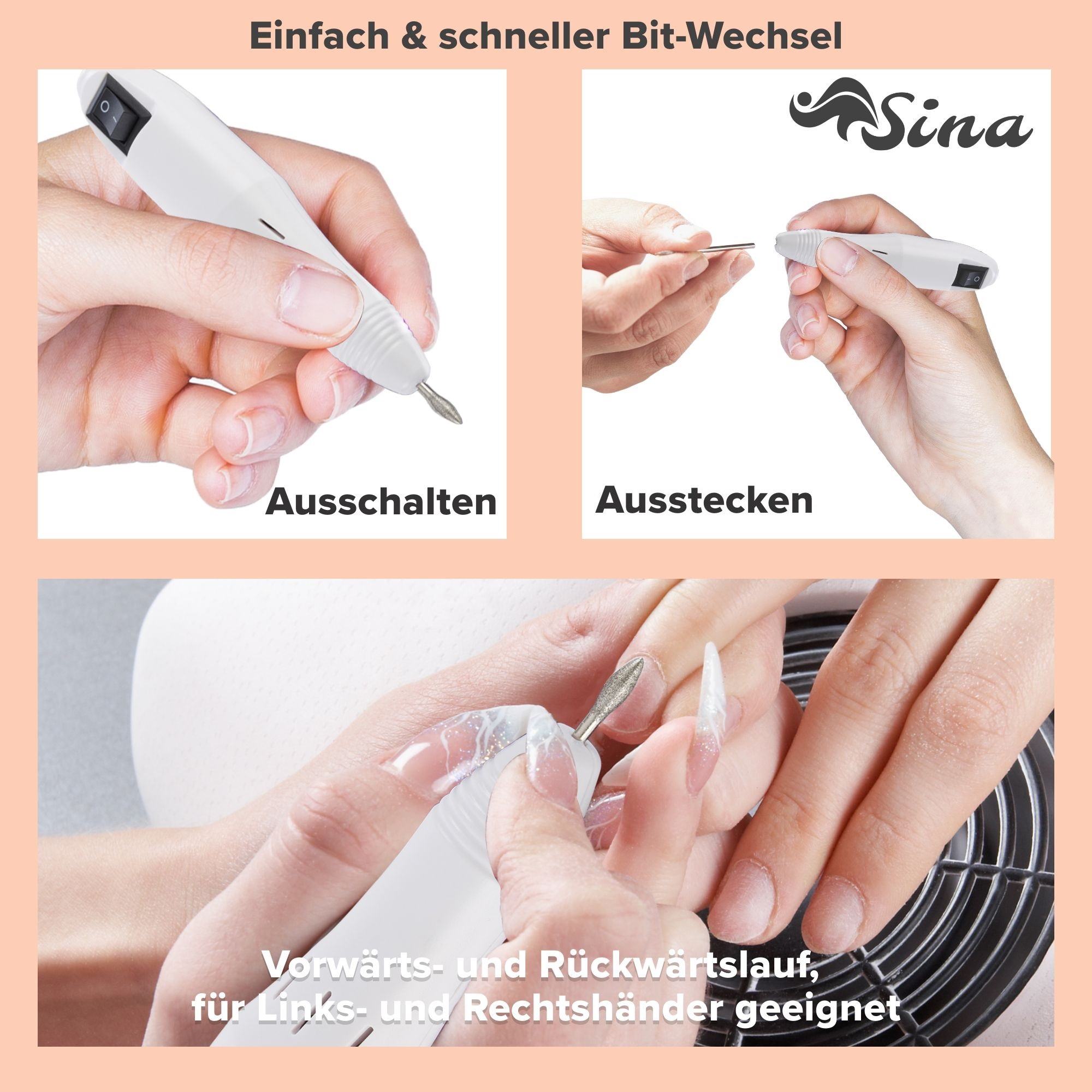 Eine weiße Nagelfräse mit Anweisungen zum Ausschalten und Ausstecken sowie zur Anwendung auf Nägeln.