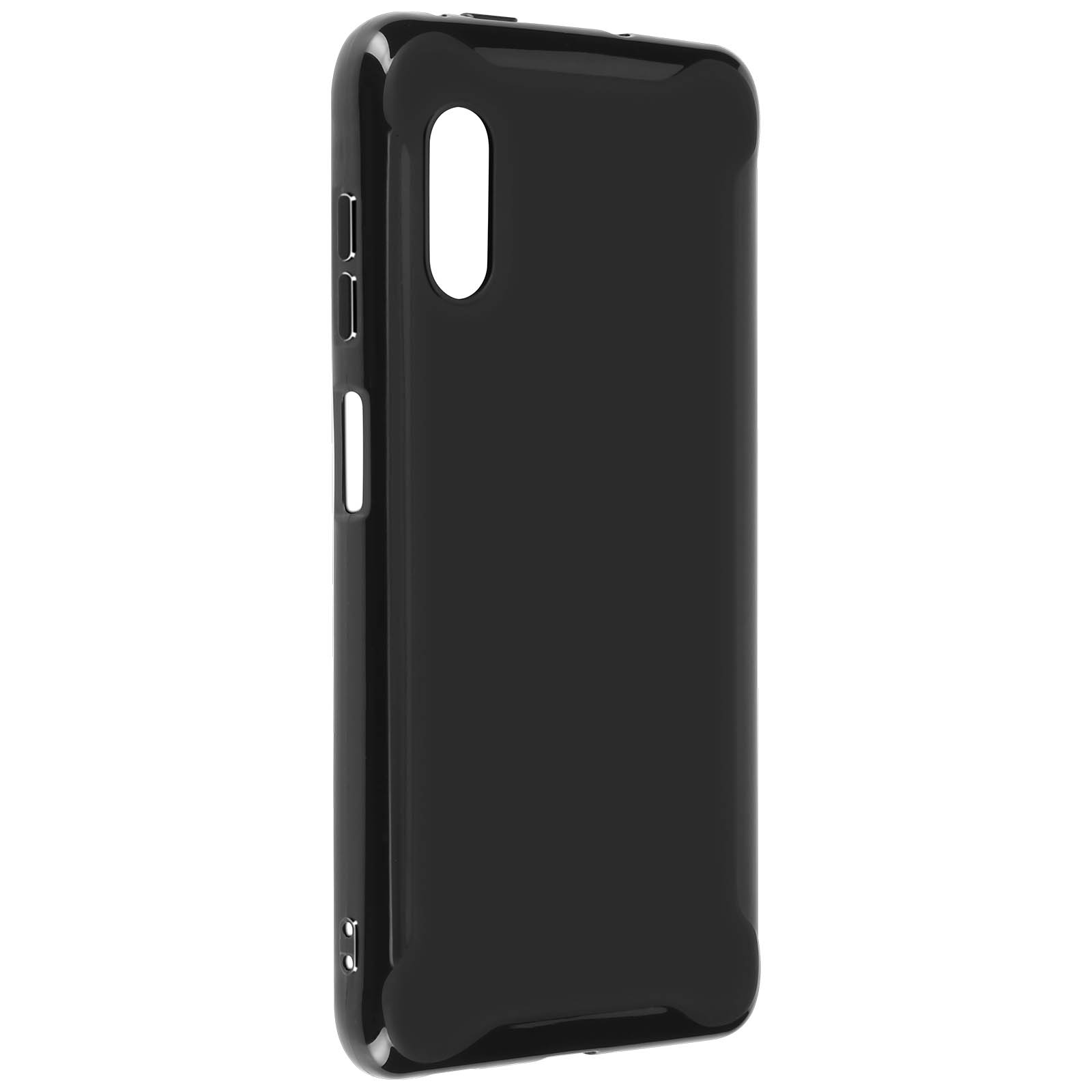 Eine glänzend schwarze Handyhülle mit Aussparungen für Tasten und Kamera, abgerundetes Design.