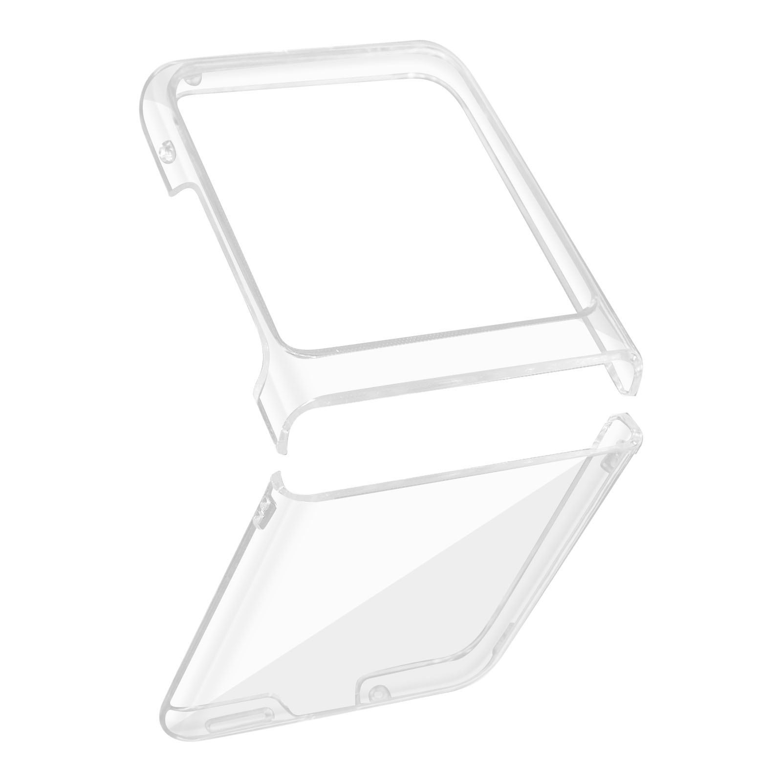 Custodia per telefono in plastica trasparente, due pezzi separati e angolati.