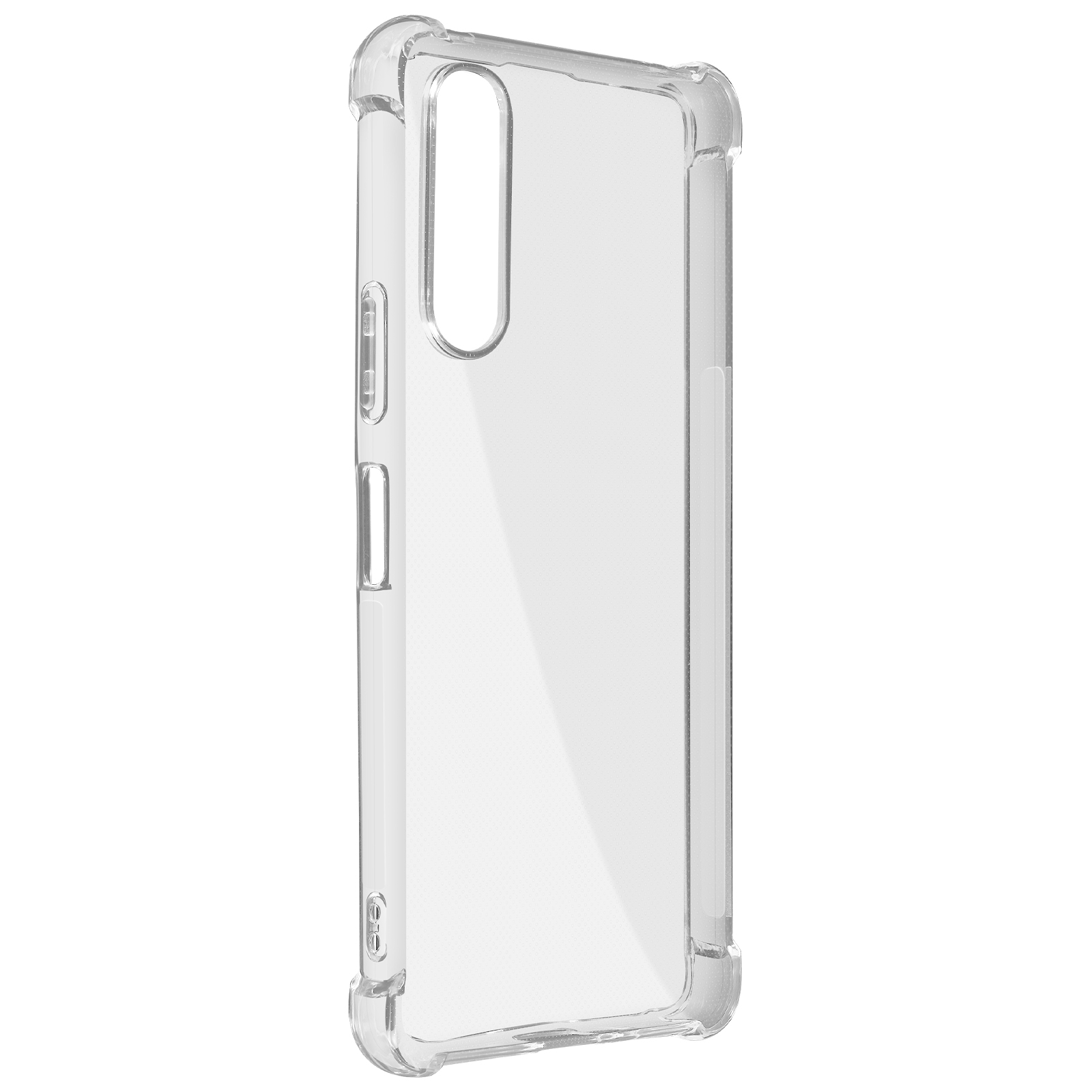 Custodia trasparente per telefono su una superficie bianca. La custodia ha un ritaglio per la fotocamera.