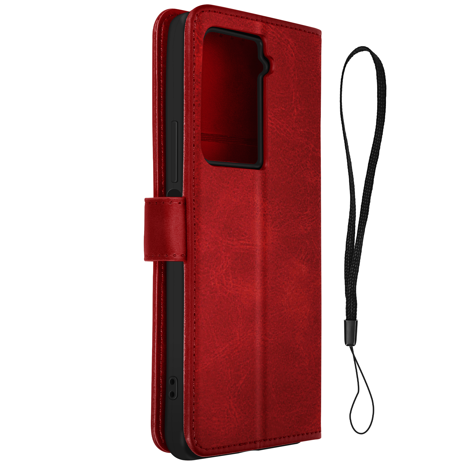 Custodia per telefono in pelle rossa con cinturino da polso. La custodia è chiusa e ha una chiusura magnetica.