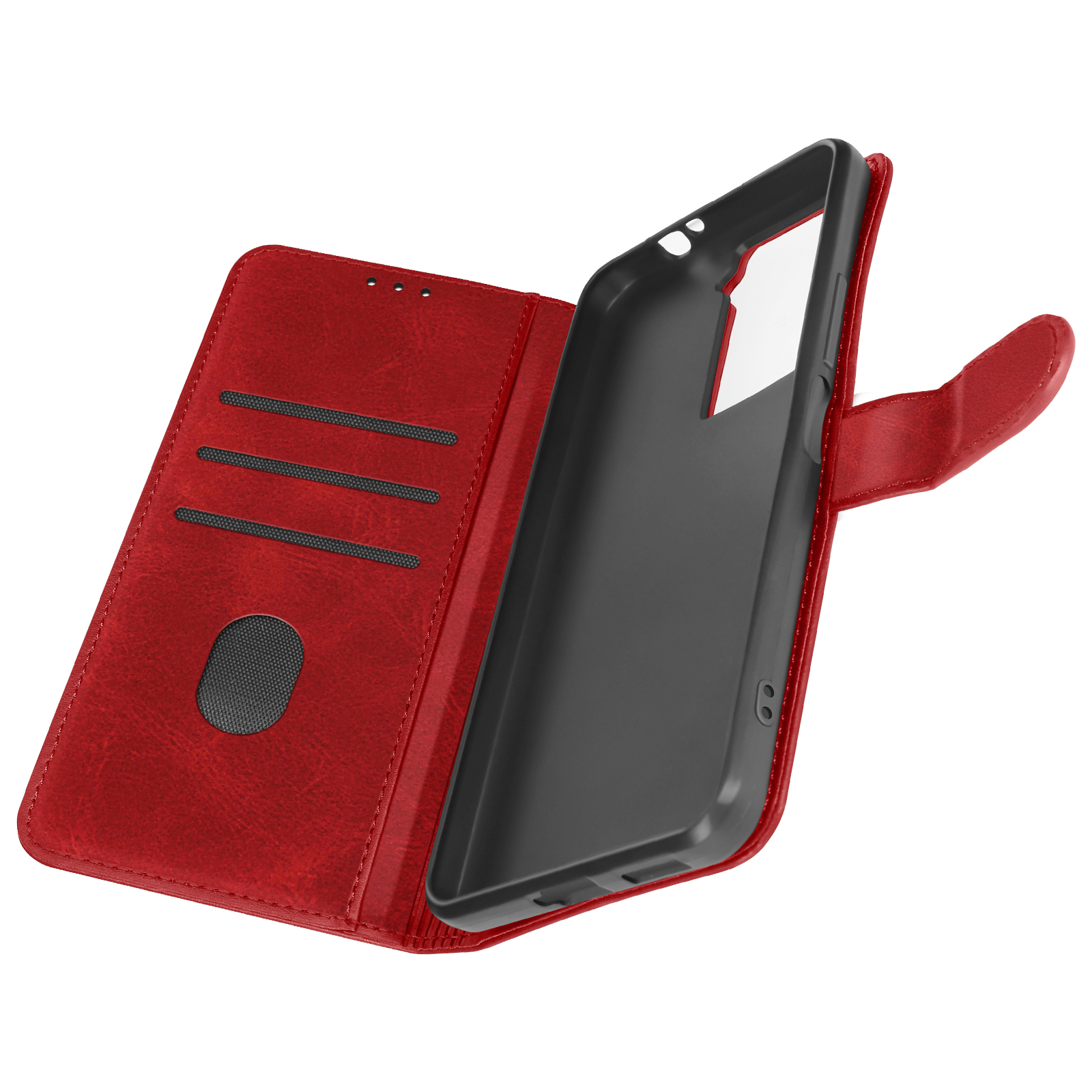 Custodia per telefono rossa, aperta, con un telefono all'interno. Sfondo bianco.