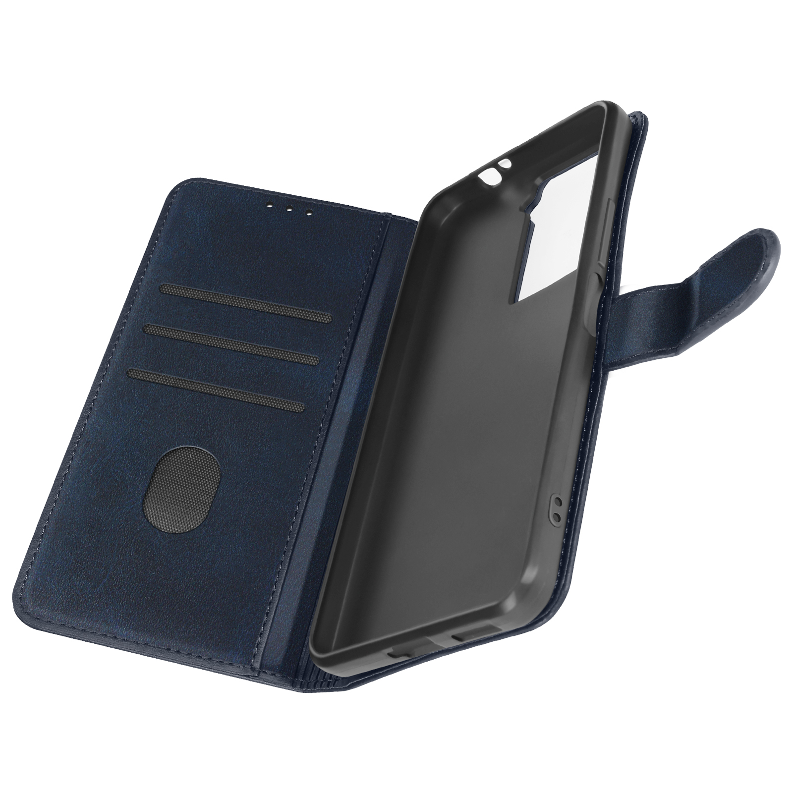 Una custodia blu per telefono. Ha un design a portafoglio. Il telefono è aperto.
