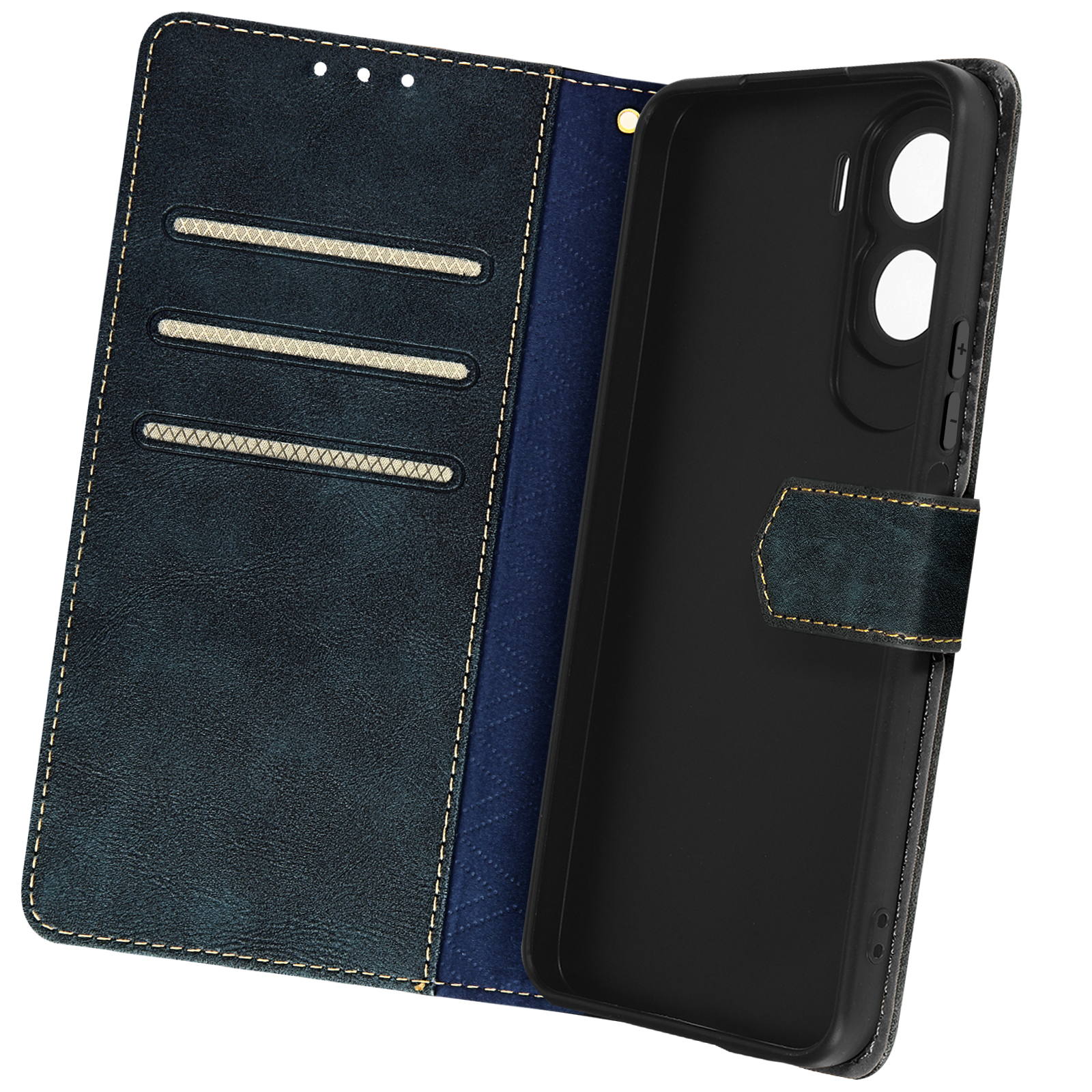 Custodia per telefono in pelle blu, aperta, che rivela il telefono.