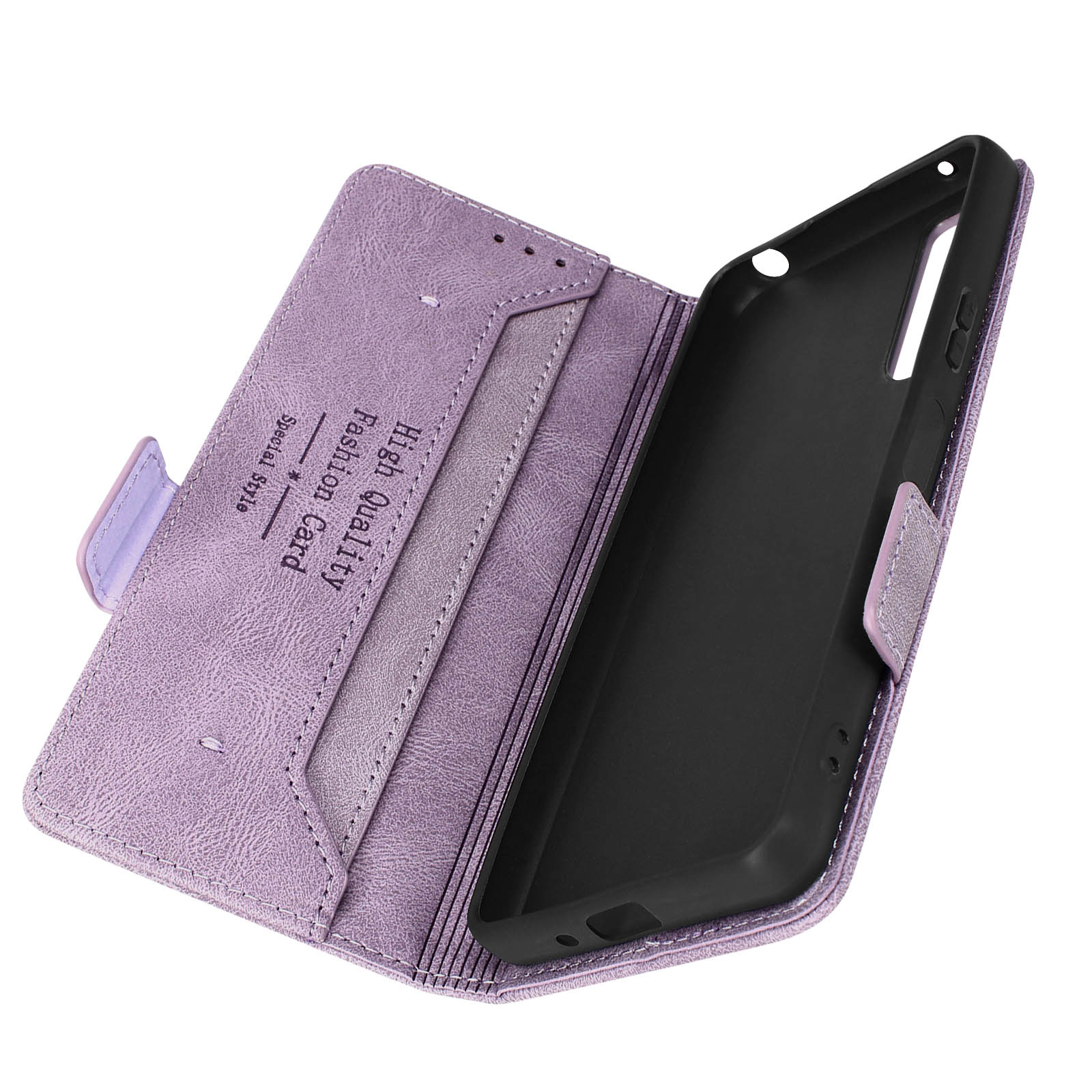 Custodia per telefono viola. Aperta, con fessure per carte e supporto per telefono.