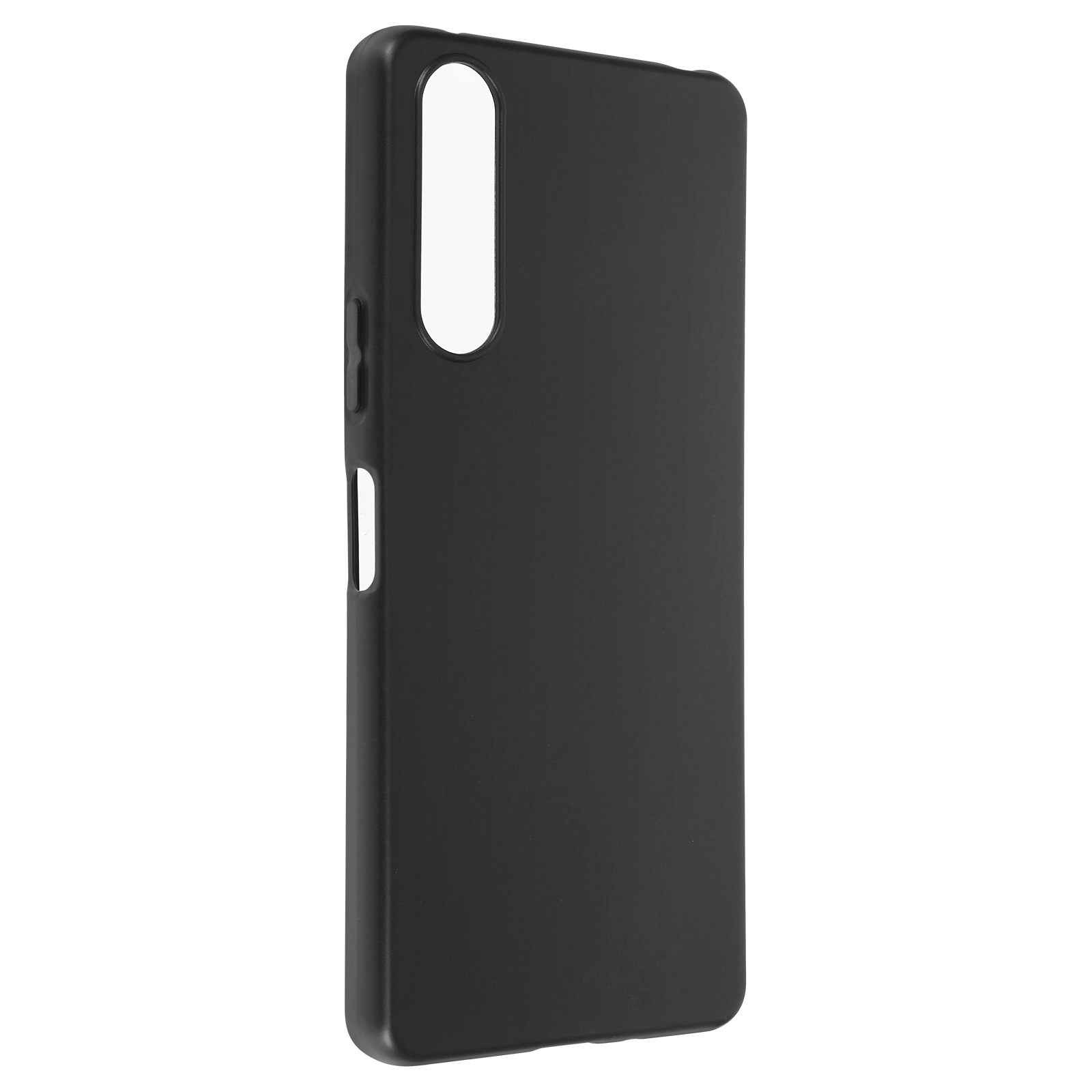 Custodia nera per telefono. Ha un ritaglio per la fotocamera e pulsanti laterali.