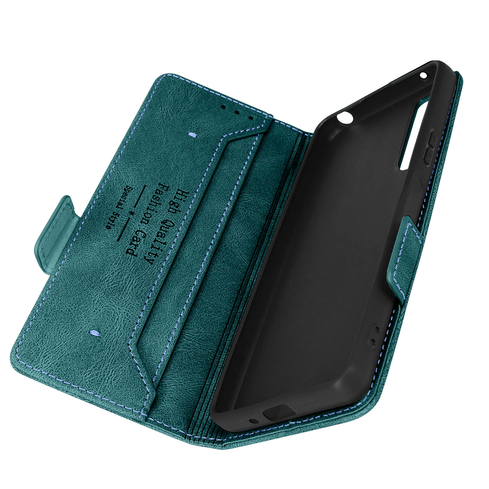 Custodia teal aperta con telefono all'interno, che mostra una carta e delle funzionalità.