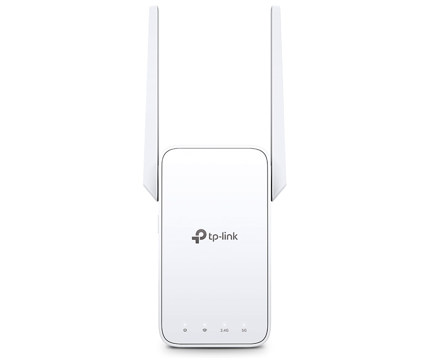 Beyaz bir arka plan üzerinde yukarı doğru uzanan iki antenli beyaz bir TP-Link Wi-Fi genişletici.