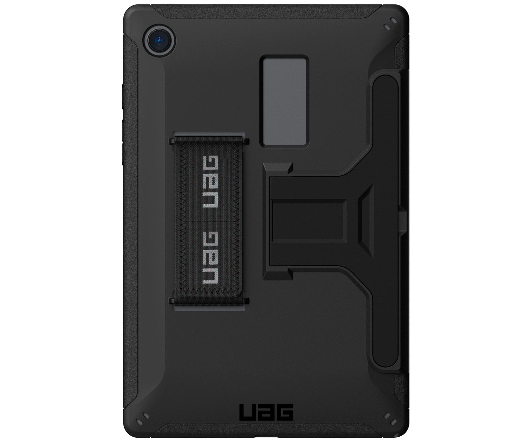 Black tablet case with a stand and hand strap. The UAG logo is visible on the case.