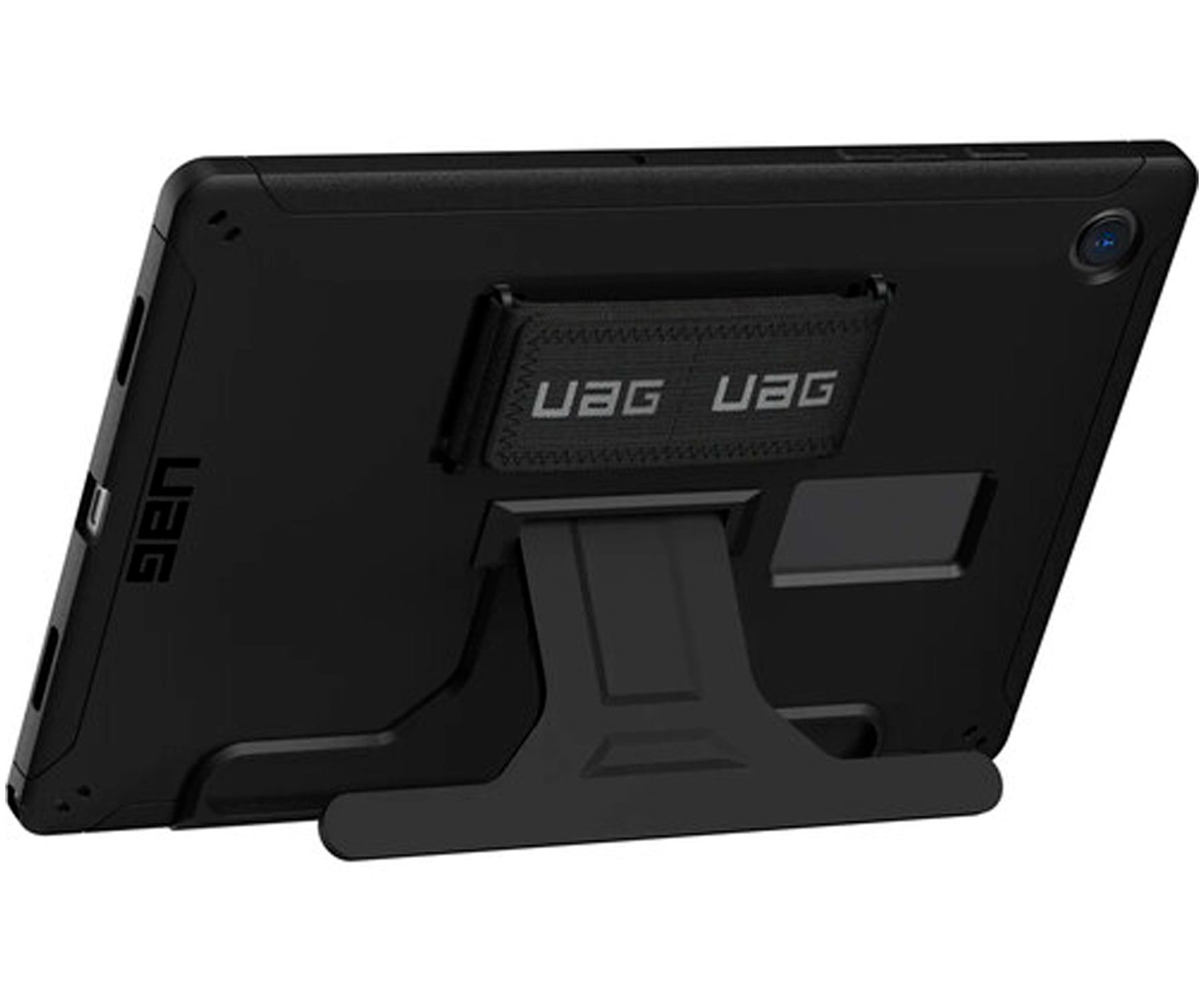 Funda negra para tableta con soporte y la marca 'UAG'.