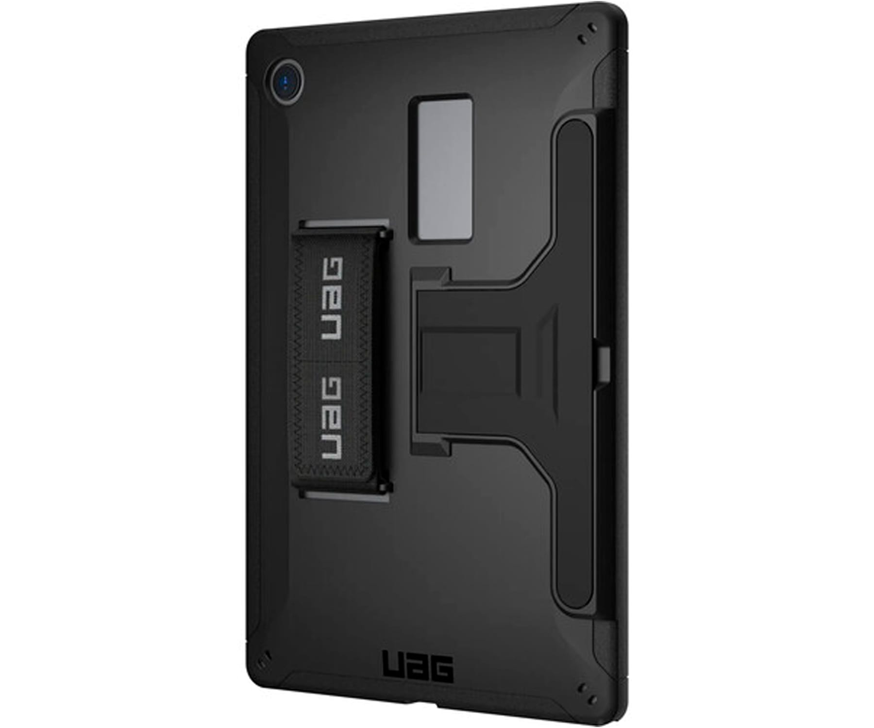 Funda negra para tableta con asa y marca UAG. La parte trasera tiene un soporte y un recorte para la cámara.
