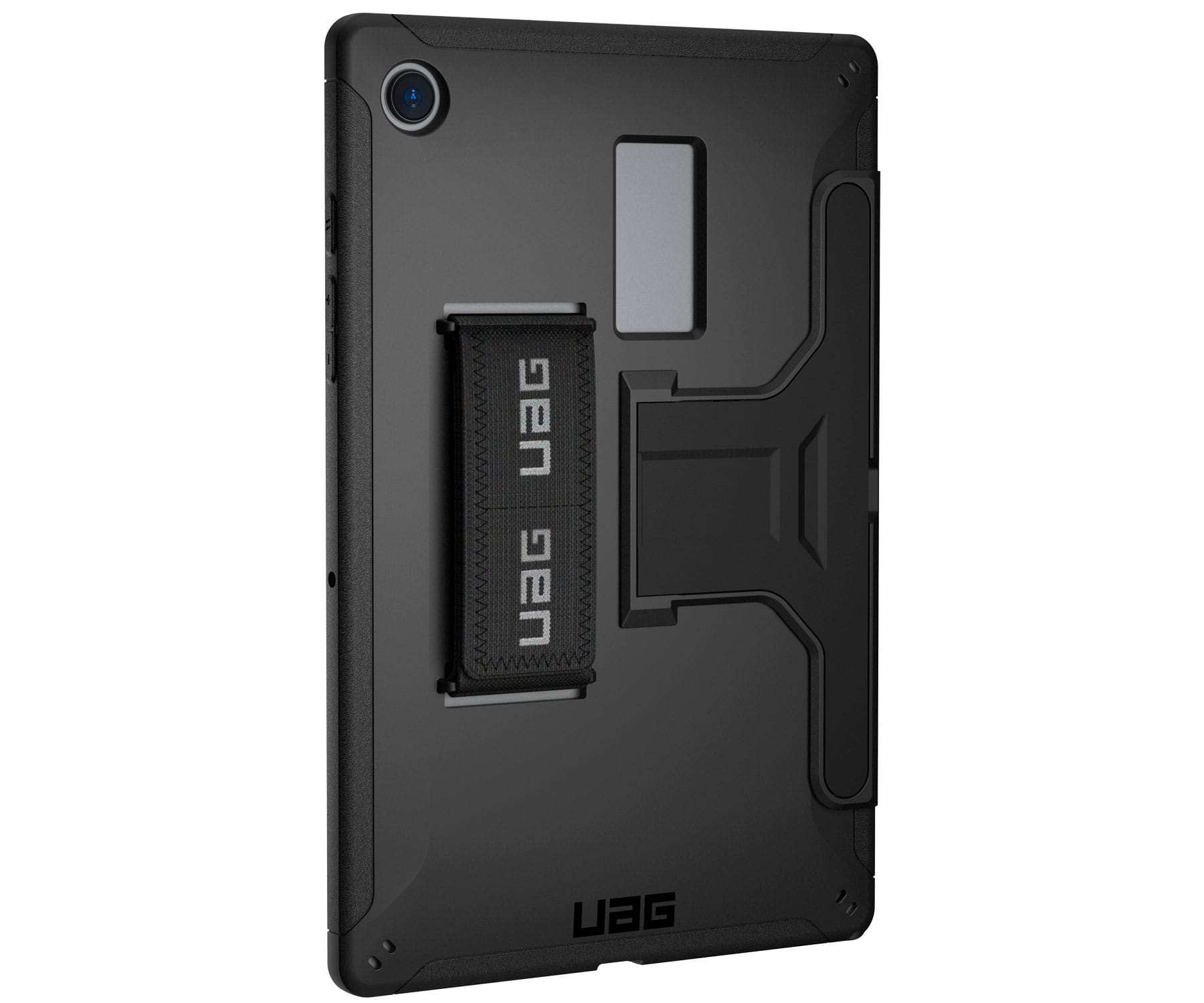 Black tablet case with hand strap and a stand on the back.