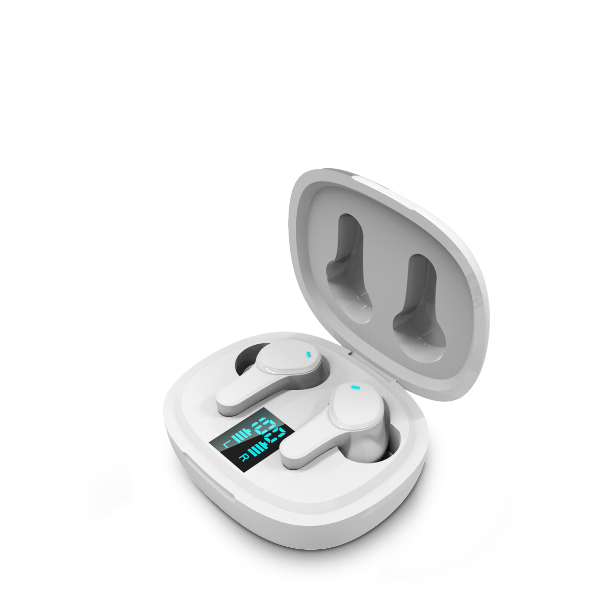 Białe słuchawki douszne z etui. Etui jest otwarte, pokazując słuchawki i status ładowania.