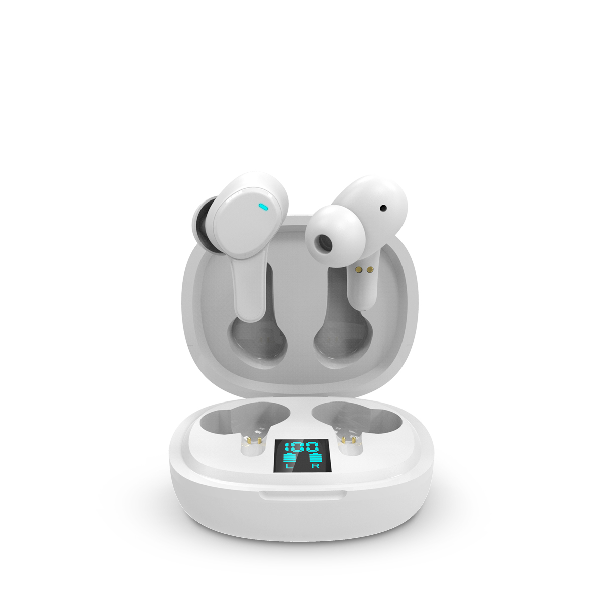 Białe słuchawki douszne w etui ładującym. Etui jest otwarte, pokazując porty ładowania.