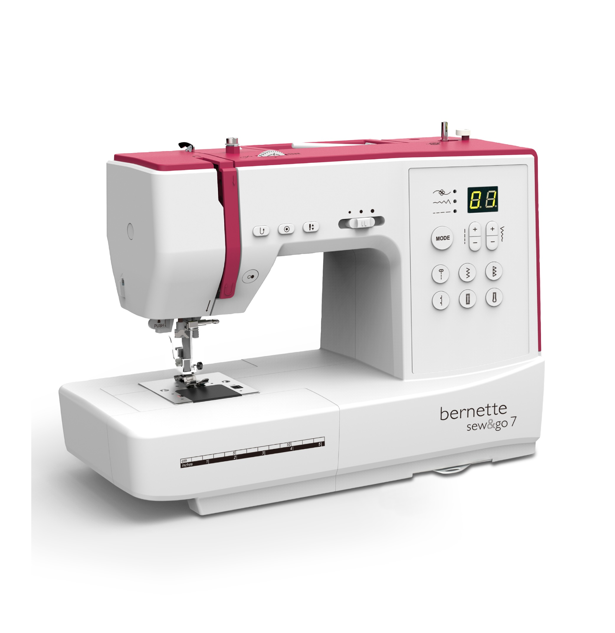Weiße und rosa Nähmaschine mit Digitalanzeige und verschiedenen Bedientasten.