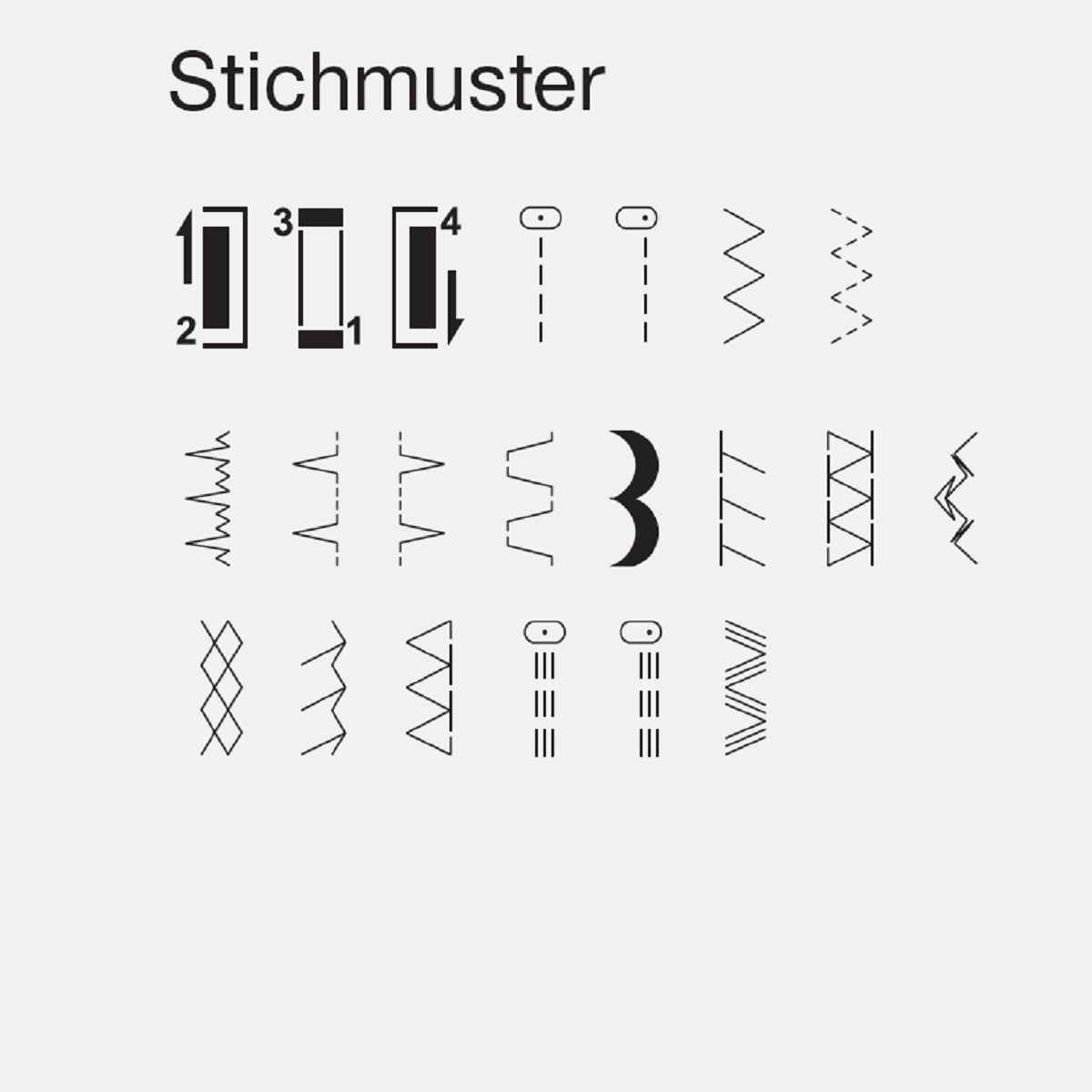 Nahtmuster, verschiedene schwarze Linienmuster, einschließlich gerader, Zickzack- und gepunkteter Linien.