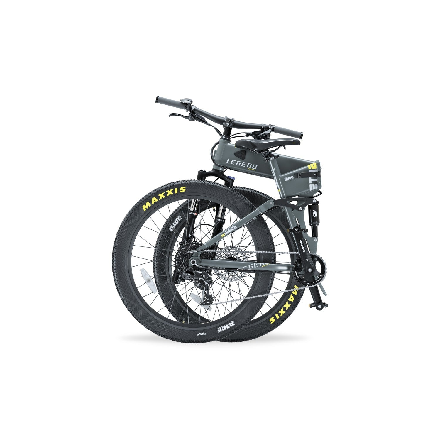 Gefaltetes graues E-Bike mit breiten Reifen, beschriftet mit 'LEGEND', vor weißem Hintergrund.