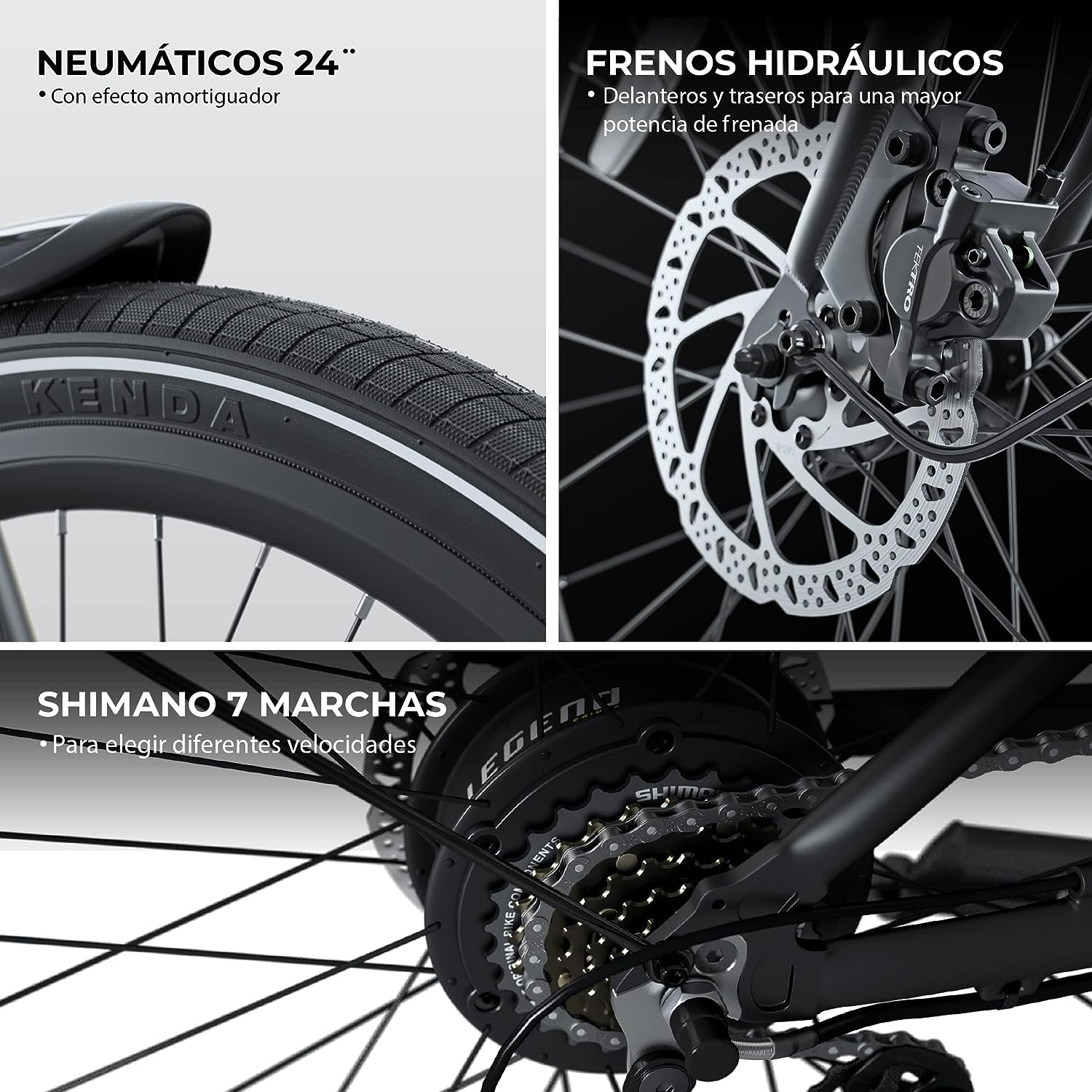 Nahaufnahme von Fahrradteilen, Rad, Bremse und Gängen. Text-Overlays auf Spanisch.